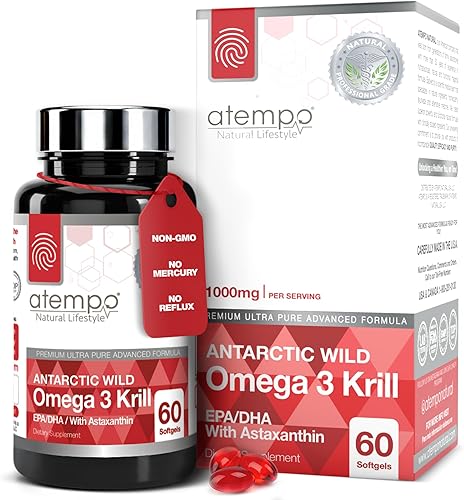 Aceite de krill antártico de 1000 mg rico en ácidos grasos saludables Omega 3 EPA y DHA con astaxantina natural, salud cardíaca y cerebral,