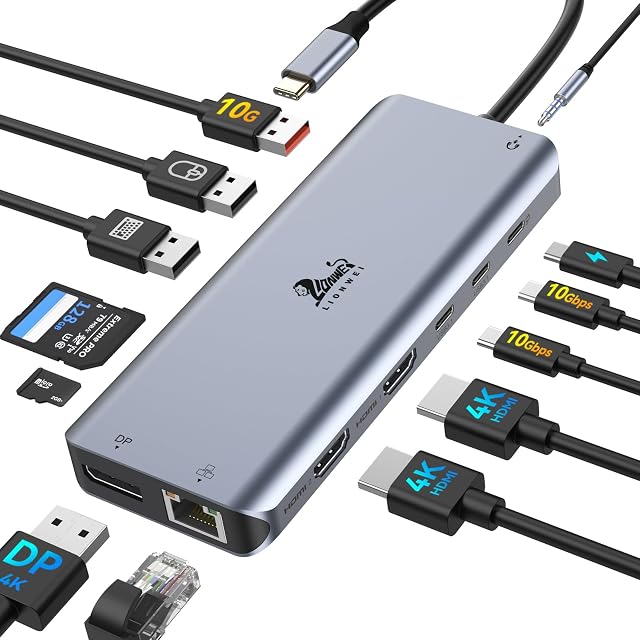 Laptop Docking Station Dual Monitor, LIONWEI 13-in-1 USB C Hub with 4K 2 HDMI, DP, Ethernet, 5 USB A/C 3.1/2.0, 100W PD, SD/TF, Audio, USB C Hub Multiport Adapter for Dell/HP/Lenovo/Surface