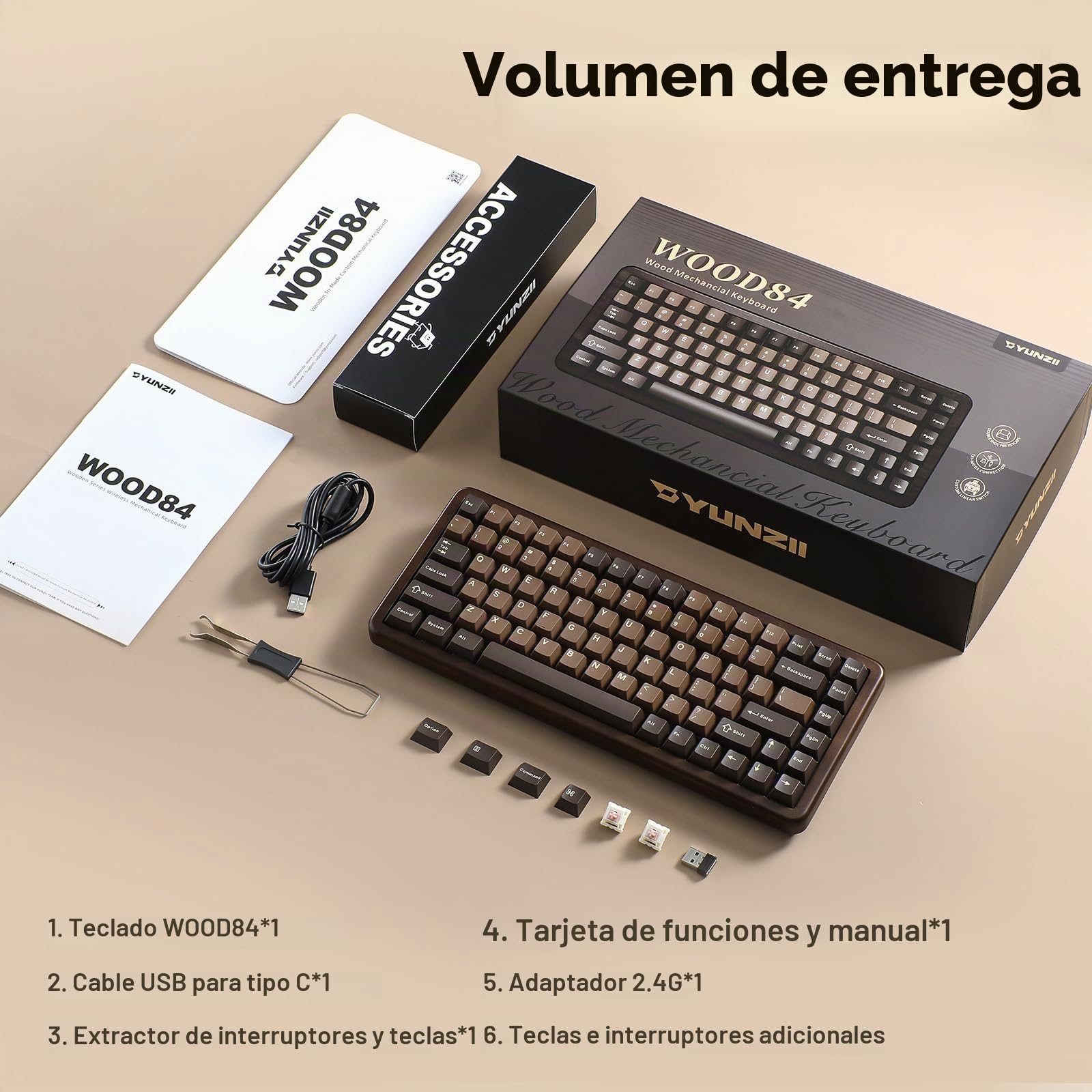 YUNZII WOOD84 Teclado Mecánico Gaming Inalámbrico 75% en Madera (Candy) | Bluetooth/2.4G/USB-C, Retroiluminación RGB, Montaje Tray, Hot-Swap con Teclas PBT Keyboard US ANSI para Mac/PC