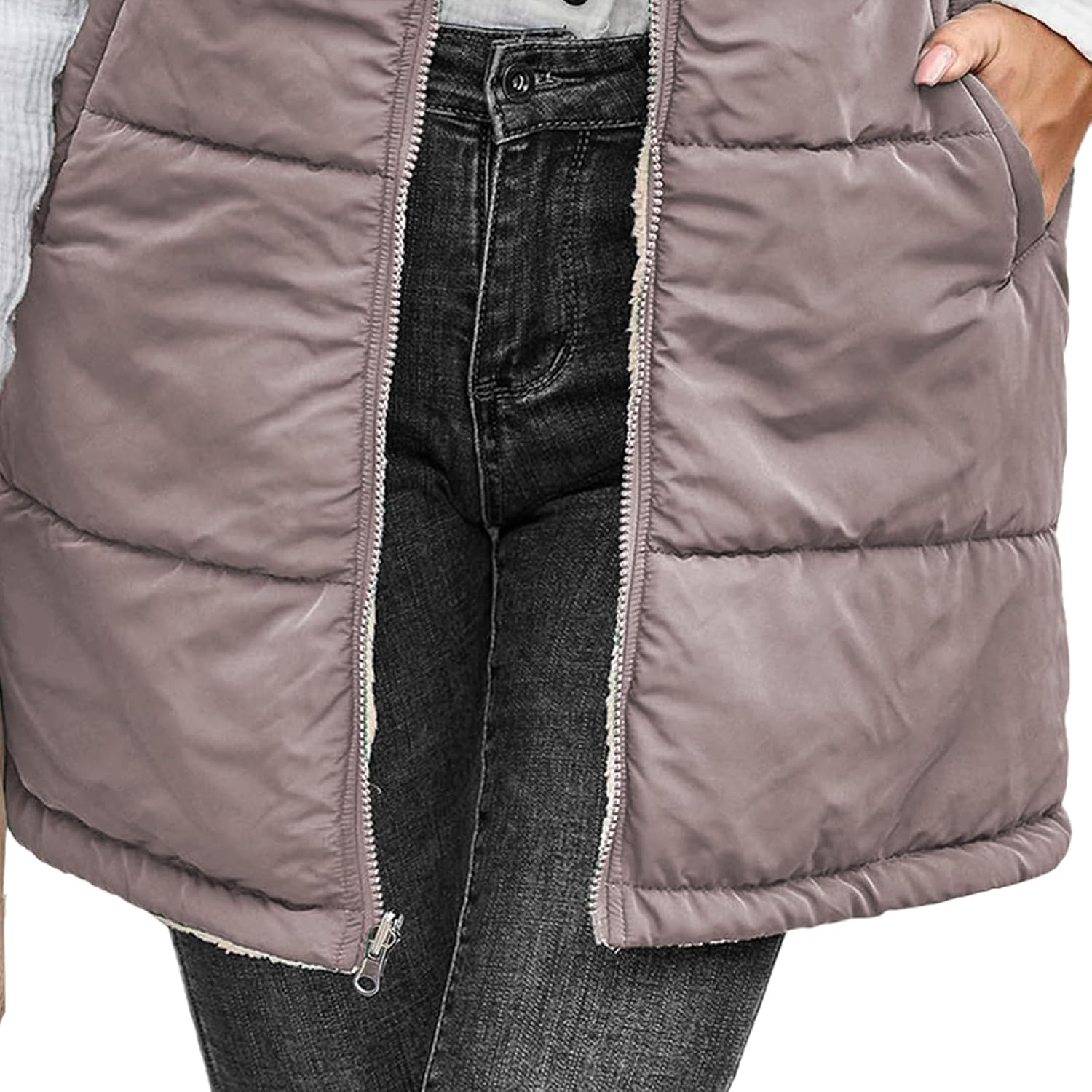 Women Long Puffer Vest Fall Zip up Reversible Fleece Jacket 2025 Winter Warm Sleeveless Hooded Coat with Pockets