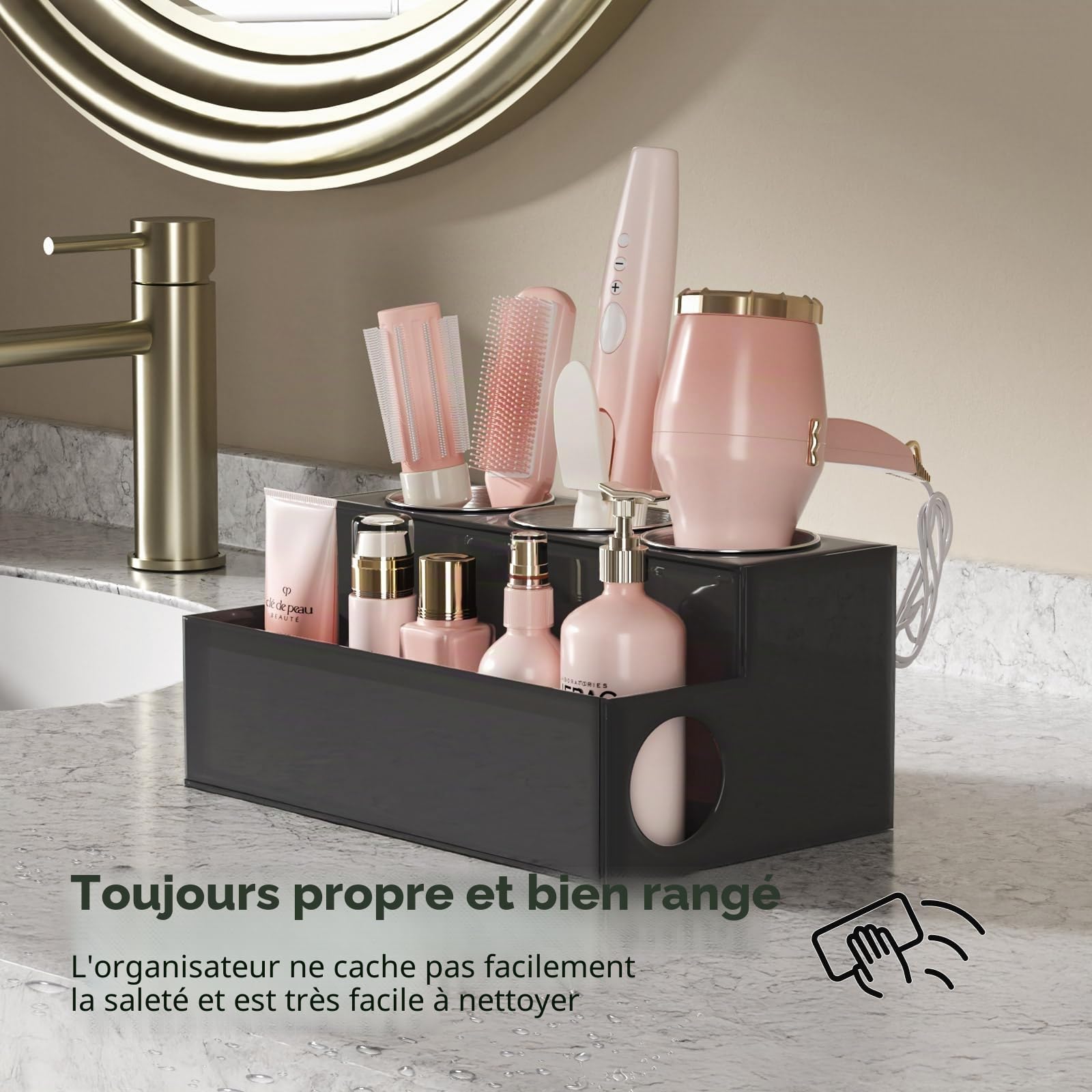 NIUBEE Organisateur d'outils pour cheveux, sèche-cheveux et coiffure, support de salle de bain en acrylique noir, support de sèche-cheveux pour comptoir de salle de bain, support de rangement pour