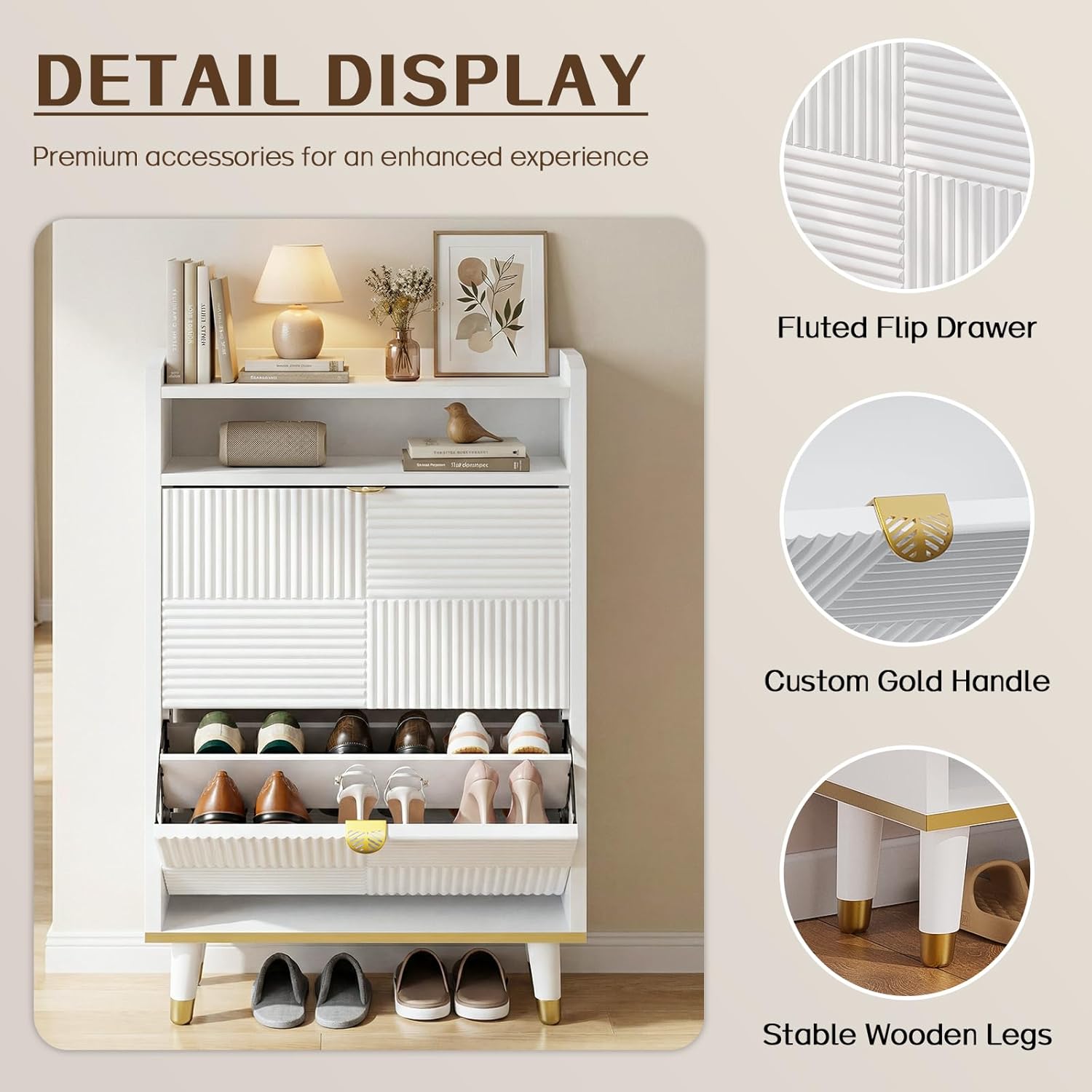 FUXA Shoe Cabinet with 2 Flip Drawers, White Fluted Shoe Storage Cabinet Organizer with Open Storage, Freestanding Hidden Slim Narrow Shoes Cabinet for Entryway and Hallway