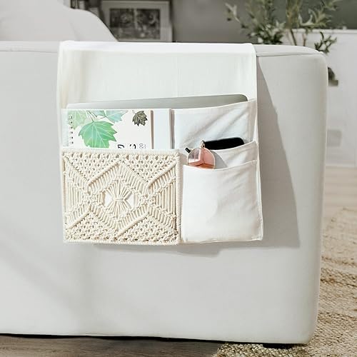 Miniatura 4 de Mkono Organizador de sofá para mesita de noche, soporte de control remoto bohemio de macramé, organizador de sofá con 4 bolsillos para revistas,