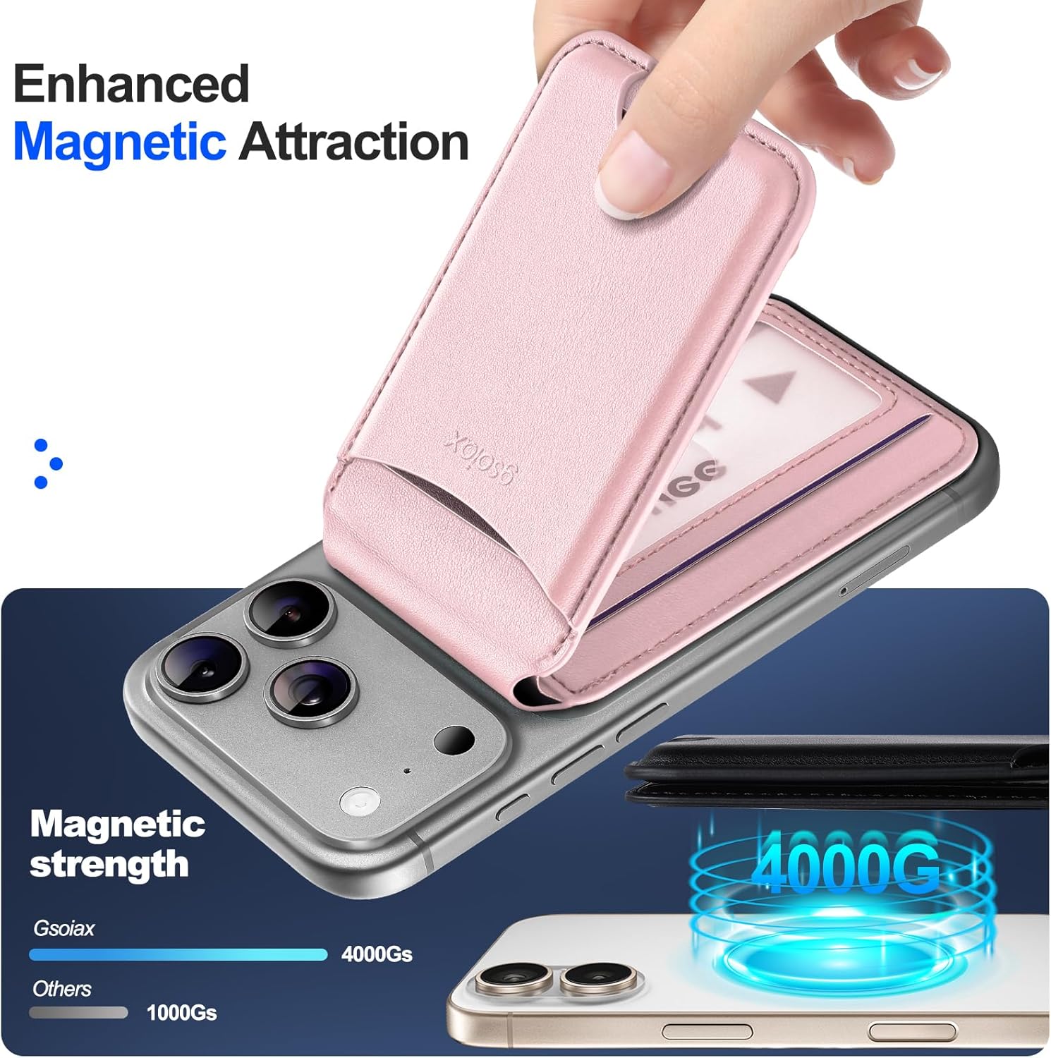 GSOIAX for MagSafe Wallet, Magnetic Wallet for Phone with Adjustable Stand Leather Magnetic Card Holder for iPhone 17/16/15/14/13/12 Series, Not for iPhone 13/12 Mini, RFID Blocking (Light Pink) - Image 3