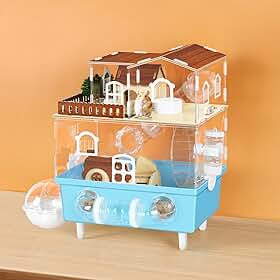 Gaiola grande para hamster de acrílico de 2 níveis, habitat com esconderijo e roda de corrida, casa de hamster anão azul para gerbos anões, hamsters sírios, azul, 30 cm C x 24 cm L x 43 cm A