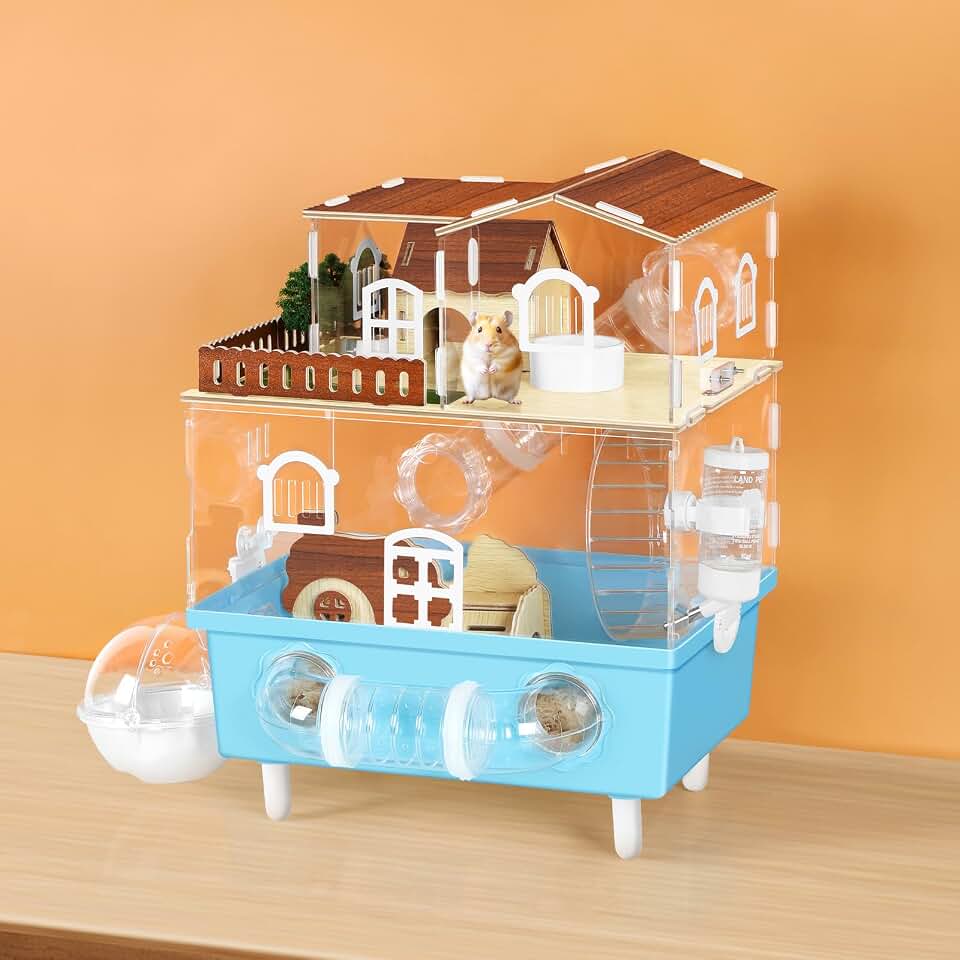 Gaiola grande para hamster de acrílico de 2 níveis, habitat com esconderijo e roda de corrida, casa de hamster anão azul para gerbos anões, hamsters sírios, azul, 30 cm C x 24 cm L x 43 cm A