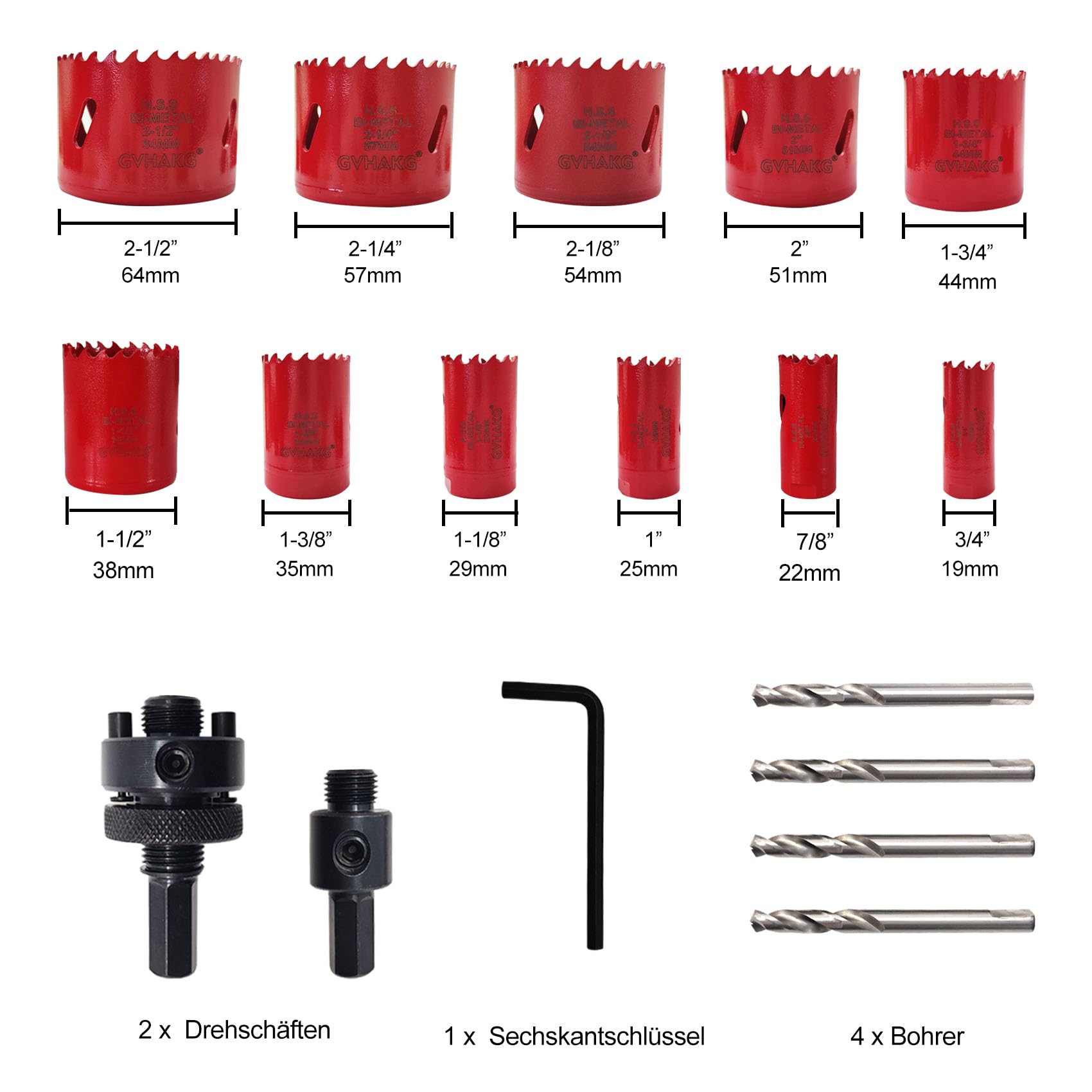 Juego de 16 sierras perforadoras bimetálicas M42 sobre 8% cobalto, 11 tamaños de 19 a 64 mm de diámetro, broca circular con 4 brocas para metal blando, madera, PVC y placas de plástico