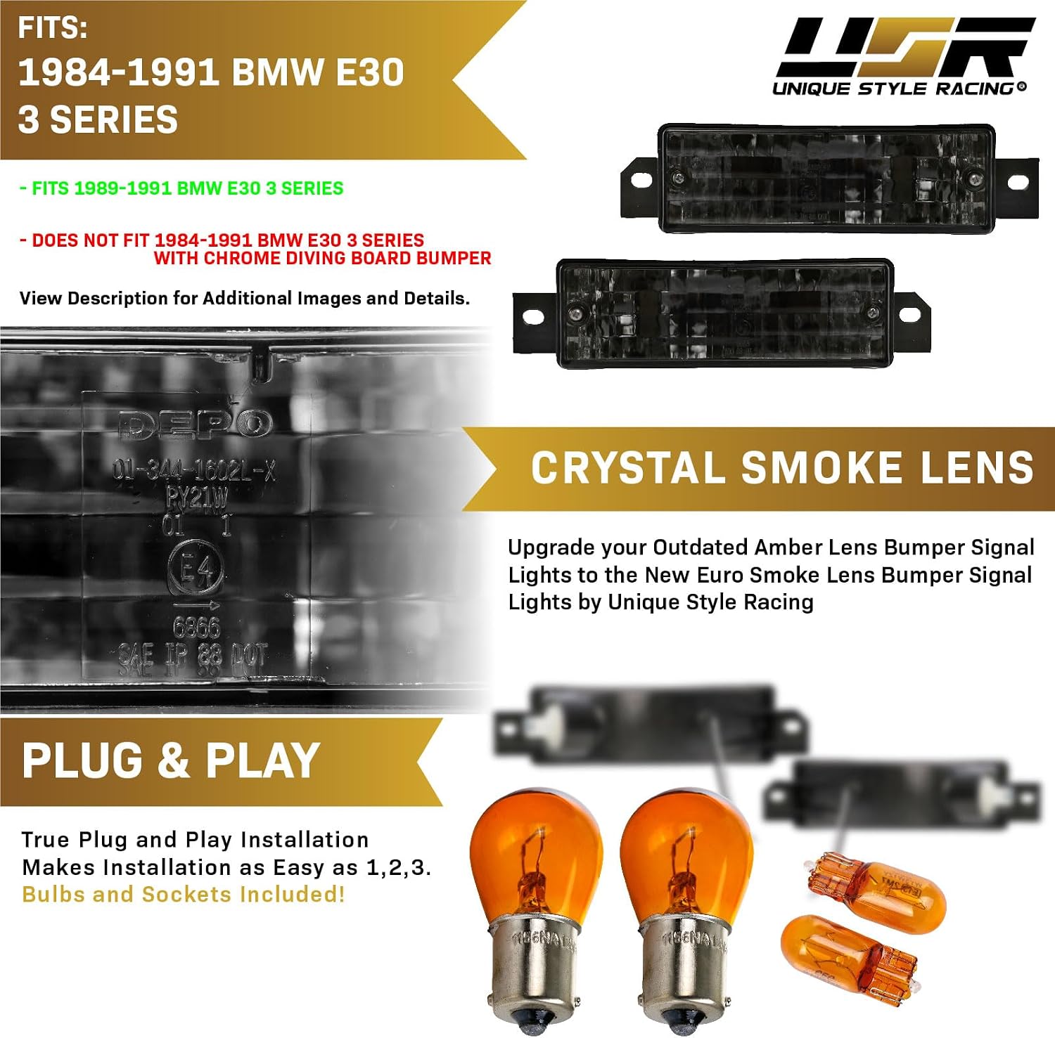USR DEPO 88-91 E30 3-Series Front Smoke Euro Crystal Style Bumper Turn Signal Light + Amber Bulbs (Left + Right) Compatible with 1988-1991 BMW E30 3 Series (4D Sedan, 2D Coupe, Convertible)