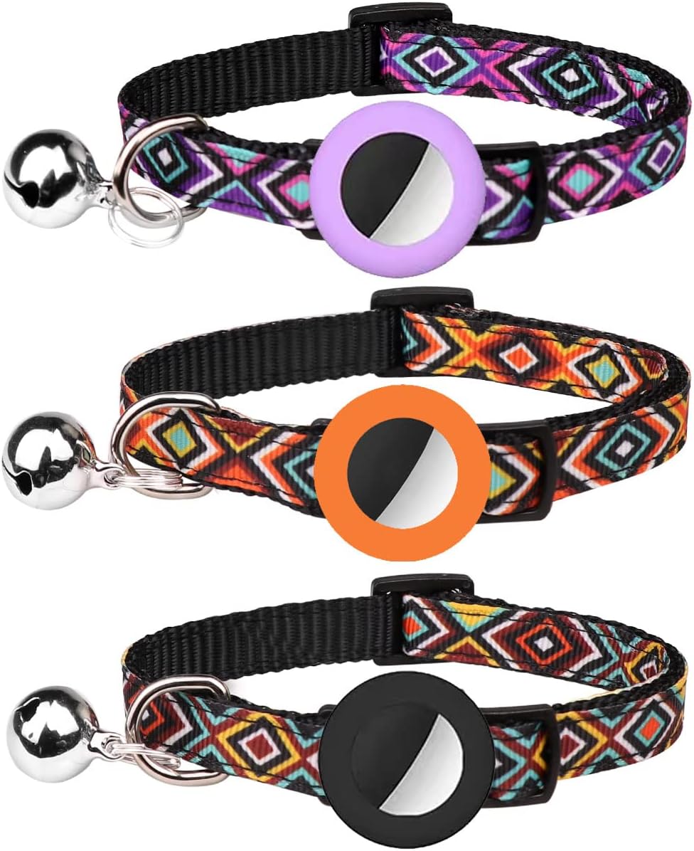 Hinialver 3 PCS Airtag Cat Collars Cat Collars with Bell Breakaway Geometric Pattern Waterproof Holder Case Compatible with Apple Airtag…