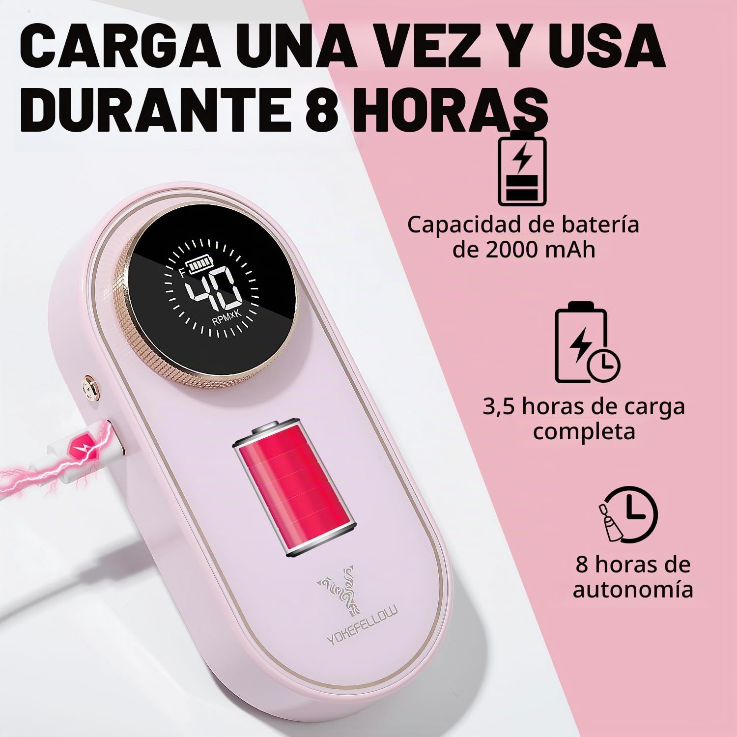 YOKE FELLOW Taladro de uñas profesional de 40000 RPM con 12 brocas para lima de uñas eléctrica, manicura, pedicura, uso doméstico (rosa)