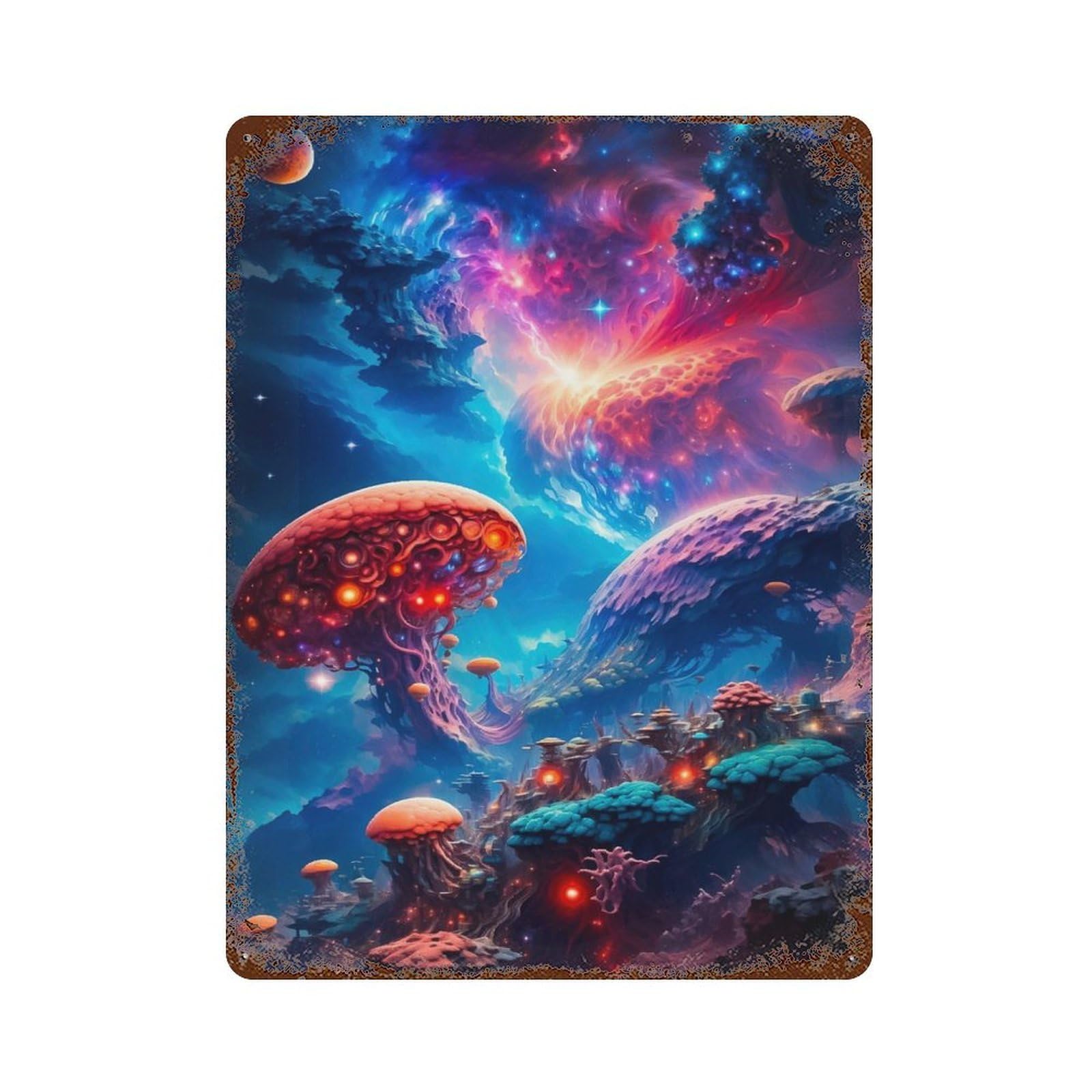 Galactic Mushroom Decorative Tin Sign 15.7"x11.8", Rustic Home Decor for Garage, Pub Or Kitchen
