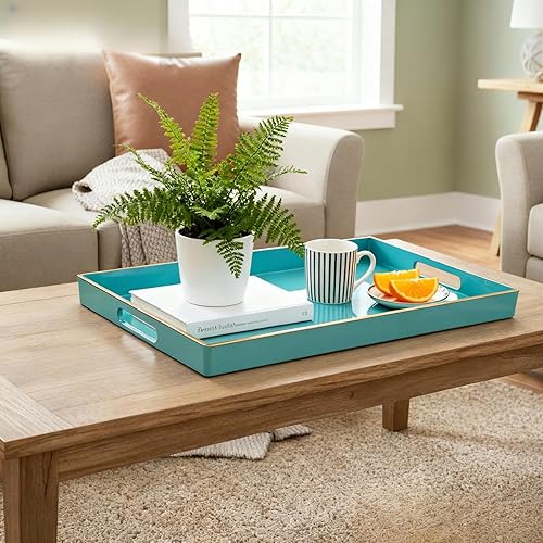 Miniatura 4 de Zosenley - Bandeja decorativa de plástico con asas, organizador moderno de tocador para baño, cocina, otomano y mesa de café (Azul, Rectangular)