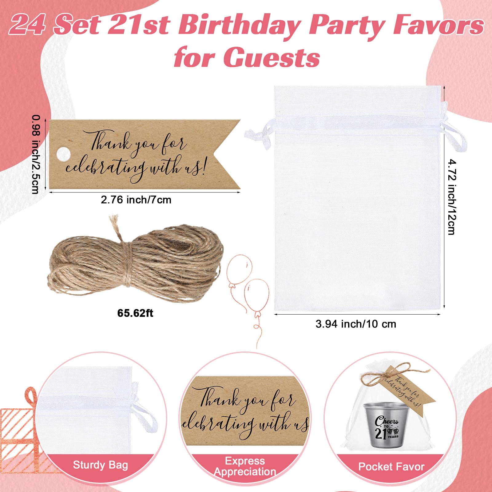 Lot de 24 verres à shot en acier inoxydable pour 21e anniversaire avec étiquettes de remerciement, sacs en organza et ficelle