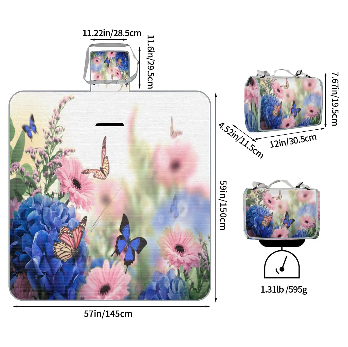 Mantas de picnic de 150 x 145 cm, manta de playa plegable con flores y mariposas para exteriores, impermeable, para playa, camping, senderismo, picnic