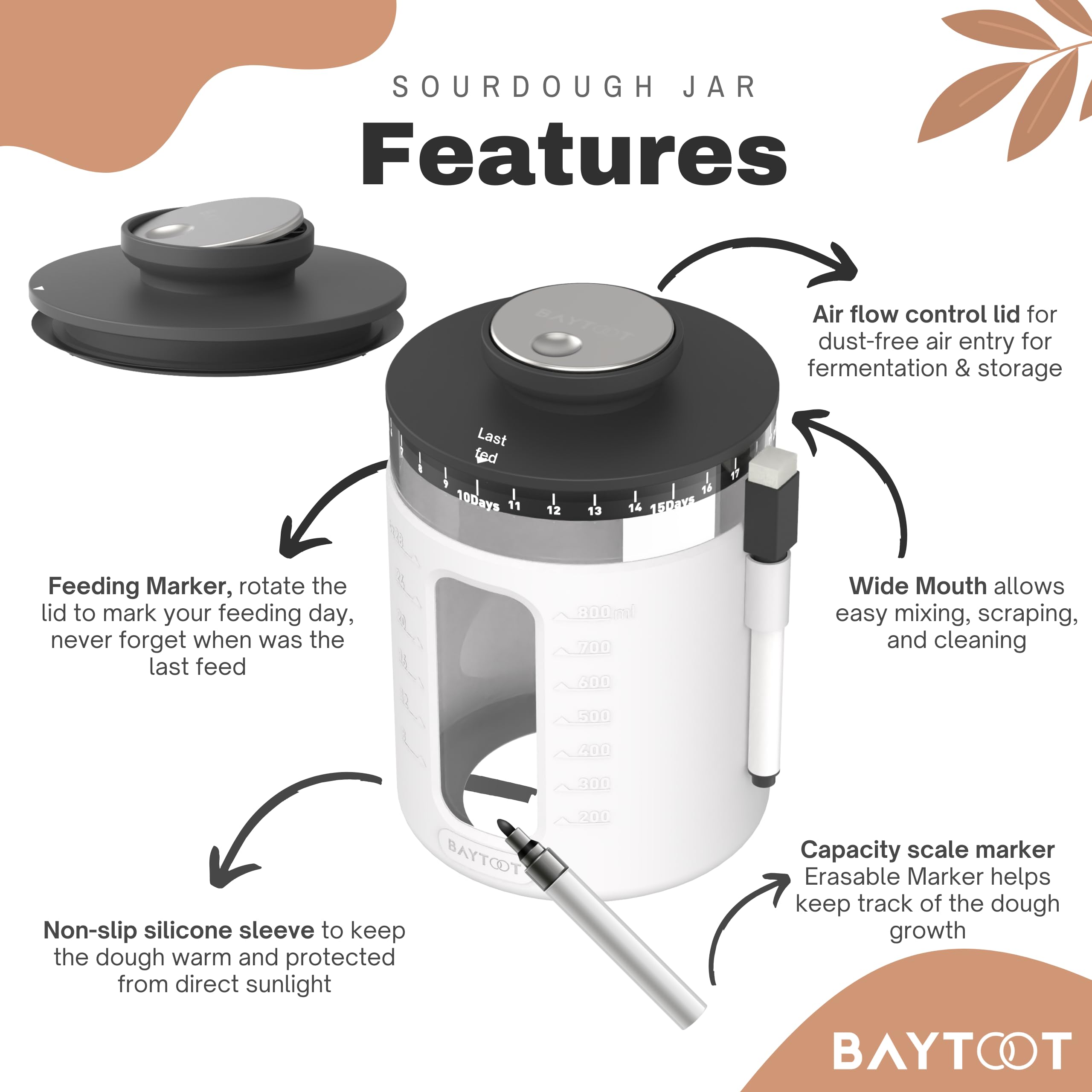 Baytoot Wide Mouth Sourdough Jar Starter Kit 33 oz - Ideal Sourdough Jar for Easy Fermentation, Airflow Lid, Feeding Marker & Spatula Included (white)