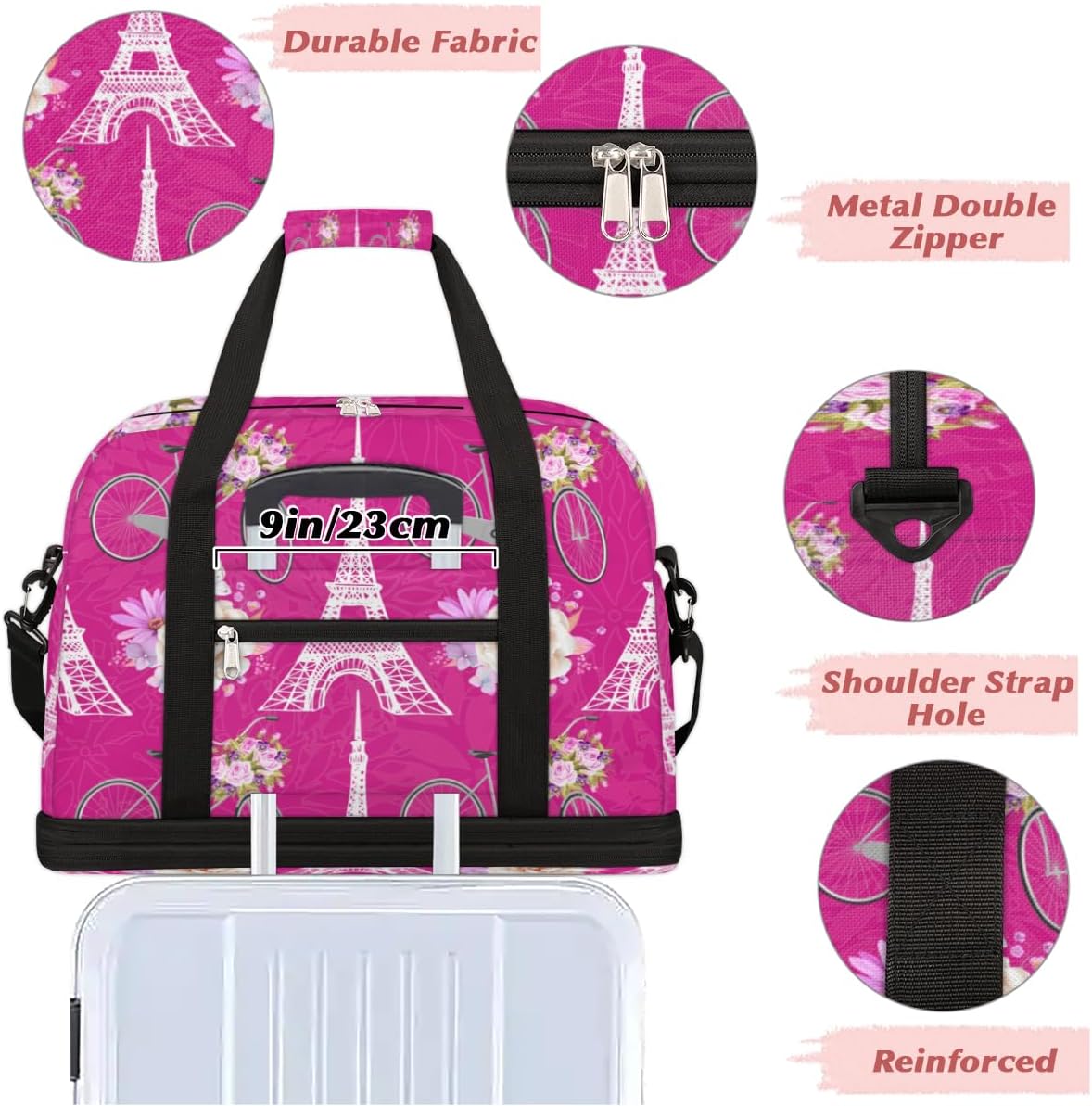 QsirBC The Paris Classic Texture Gym Bag for Women Duffle Tote with Shoes Compartment Men Weekender Duffel for Dance Travel Sports Swimming Overnight