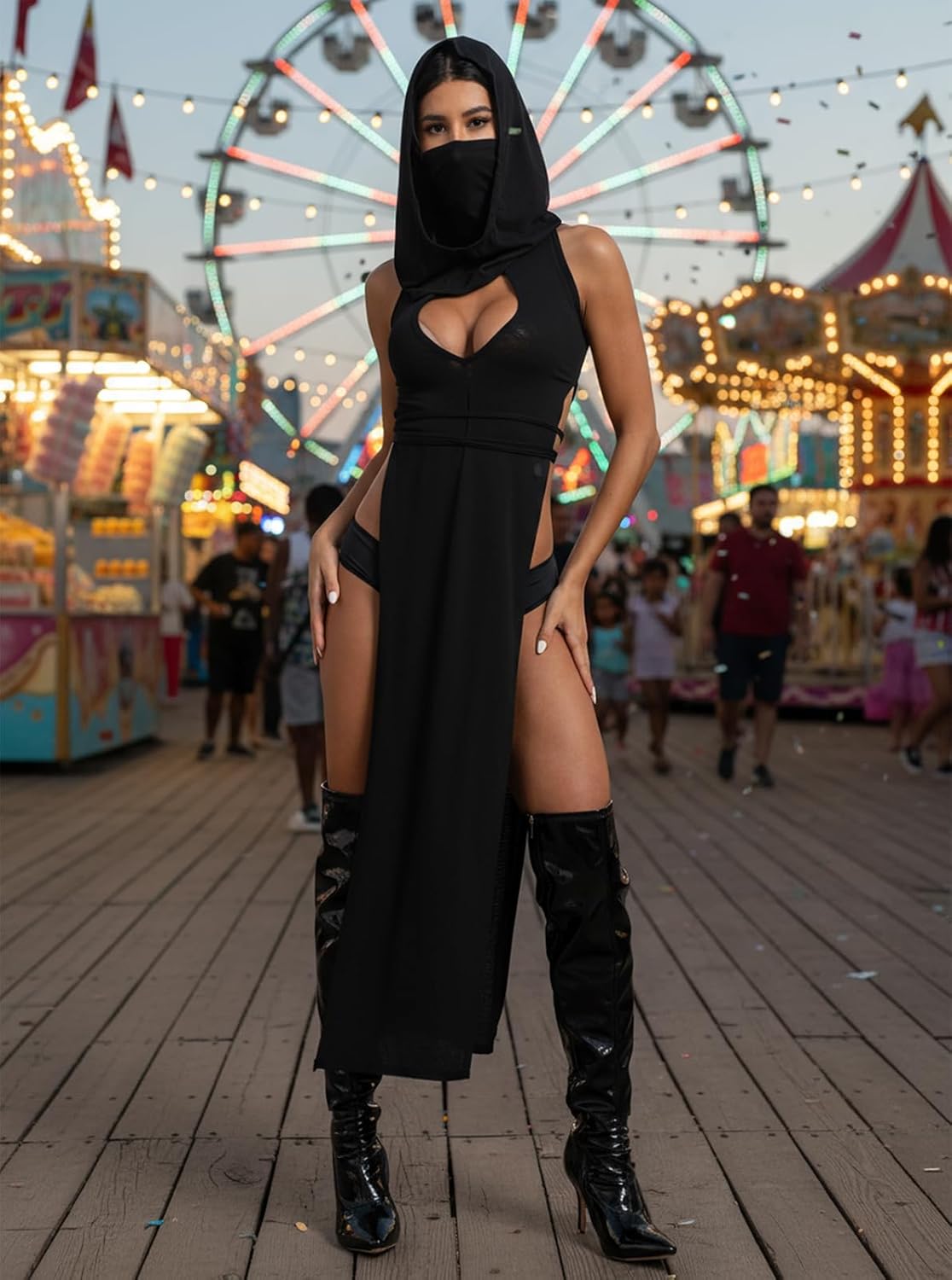 Women Goth Sheer Dress, Mock Neck Sleeveless Rave High Slit Dress with Hooded, EDM Music Festival Outfits - Image 7