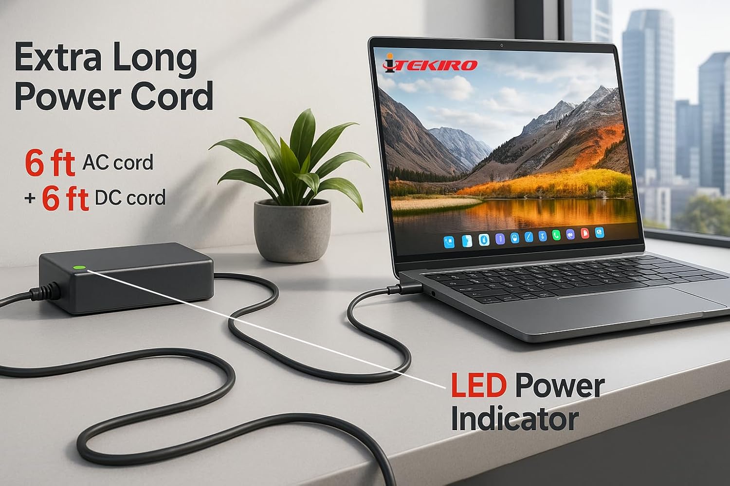 Laptop connected to iTEKIRO AC adapter showing extra long power cords.