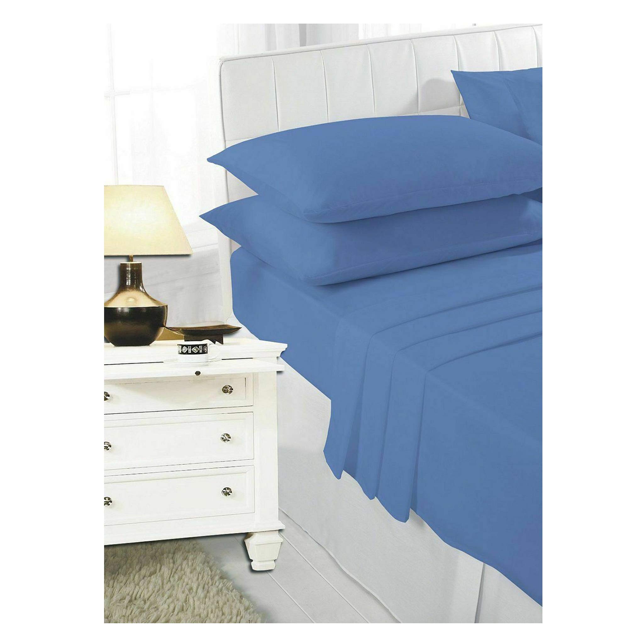 KOHSAR® Mid Blue Double Bed Flat Bed Sheet Non Iron Percale Polycotton Double Bed Flat Bed Sheets, Poly Cotton Double Bed Sheets Flat, Double Bed Flat Sheets