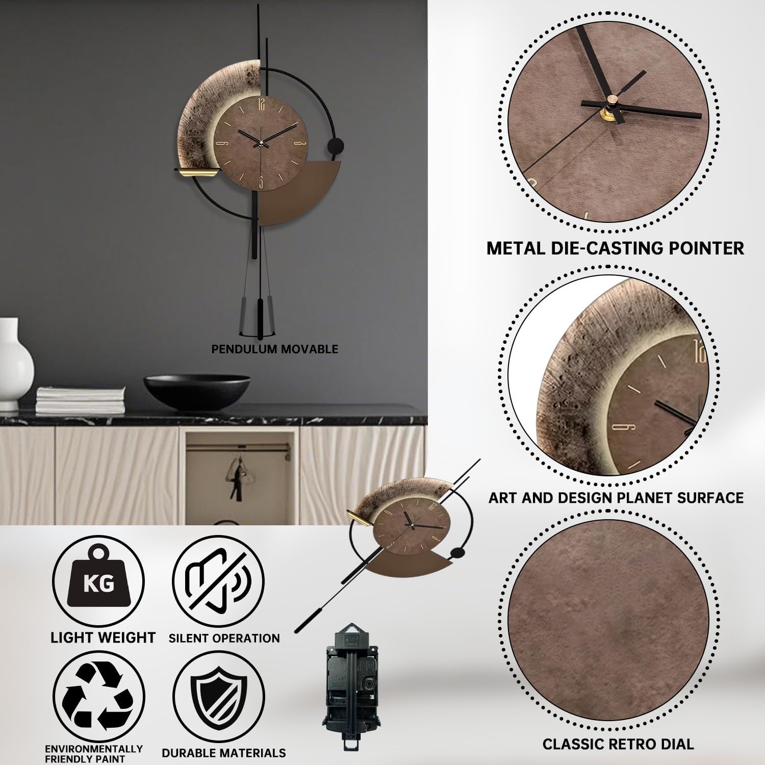 SIN&MI Wall Clock,Decorative Wall Clocks with Pendulum,Silent Quality Quartz Clock Battery Operated,Large Clock for Living Room,Kitchen,Home,Bathroom,Bedroom Wall Decor,16.5 * 31.5inch