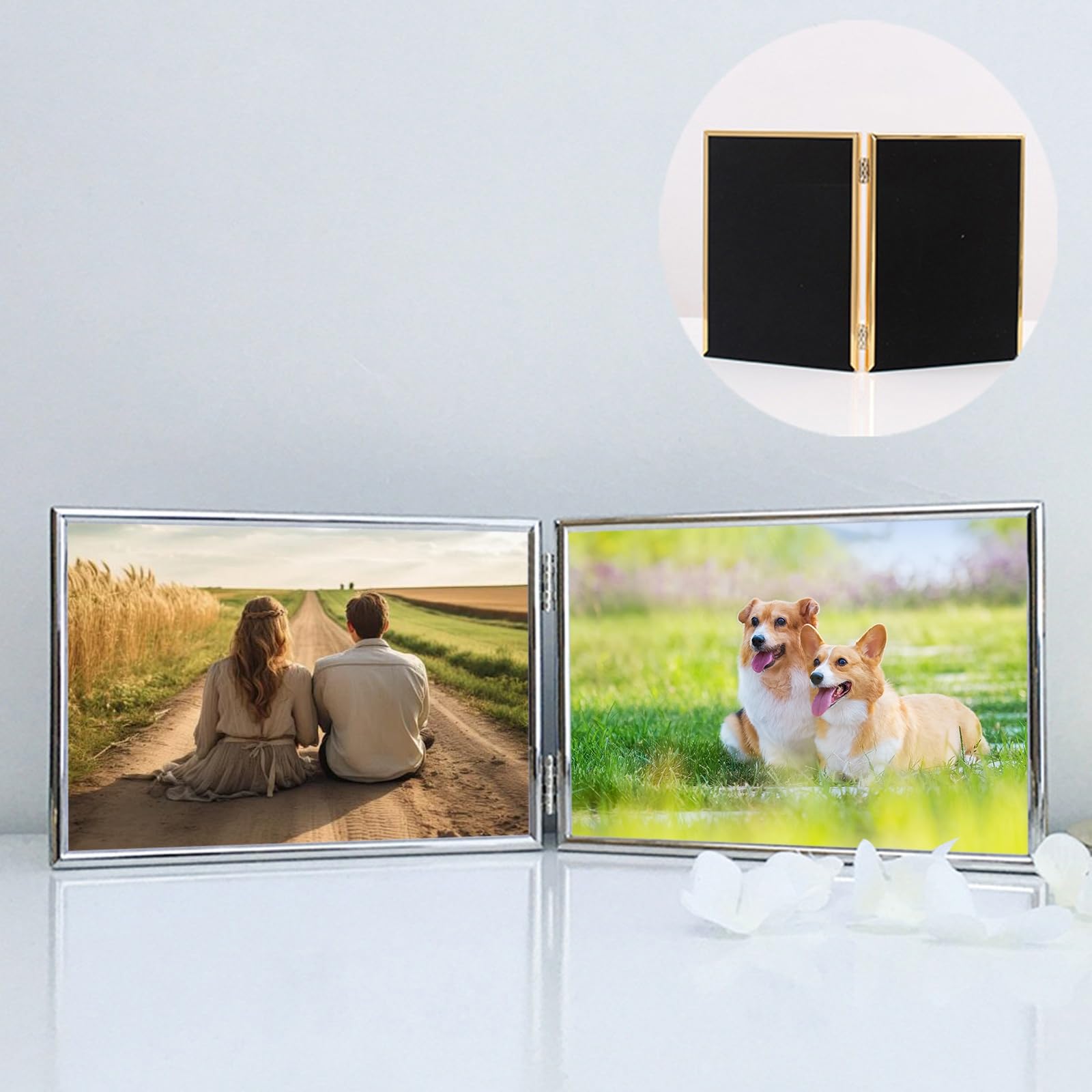 Large Photo Frames 8x12 Tabletop Only Display, Glass Silver 2 Photos Picture Frame Horizontal Double Folding Metal Living Room Frames