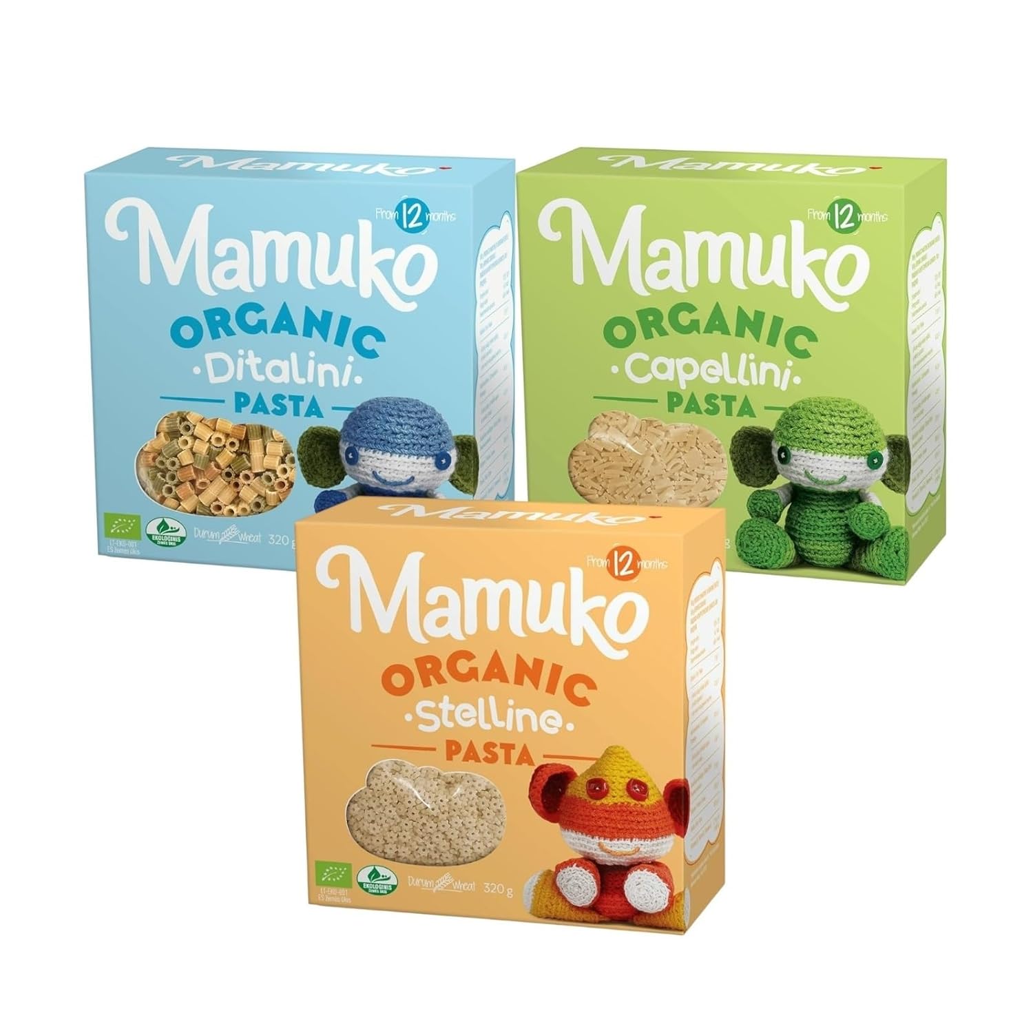 Mamuko Organic The Beginning Pasta's 3 Pack Varity Mix (Ditalini, Risone and Capellini)- for Kids 12 months and up- 12 Servings, 11.3oz-320g/each