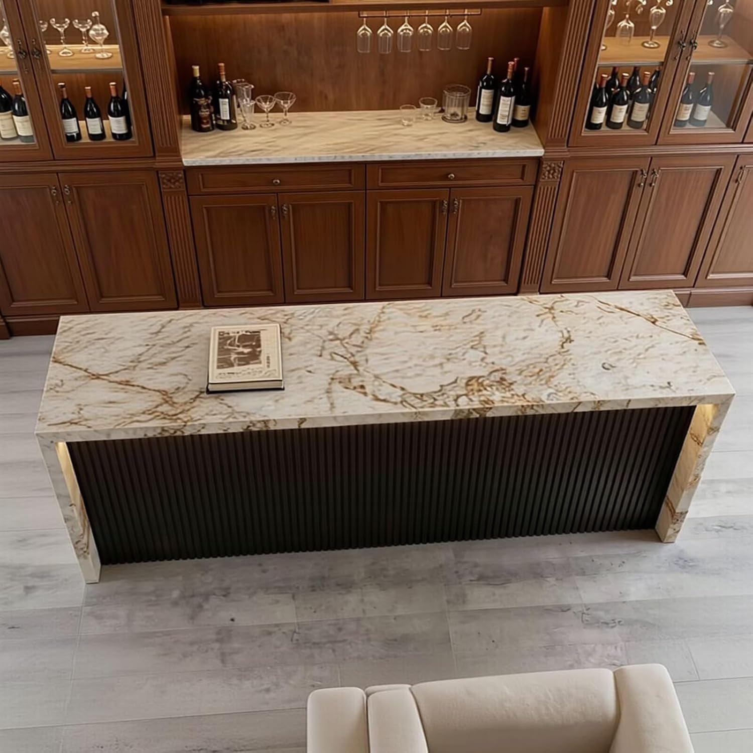 Luxurious Fluted Bar Table - High Top Bar Counter with Under-Glow Lighting, Stone Look Living Room Counter Includes Storage for Modern Home-bar (64IN No Chairs)