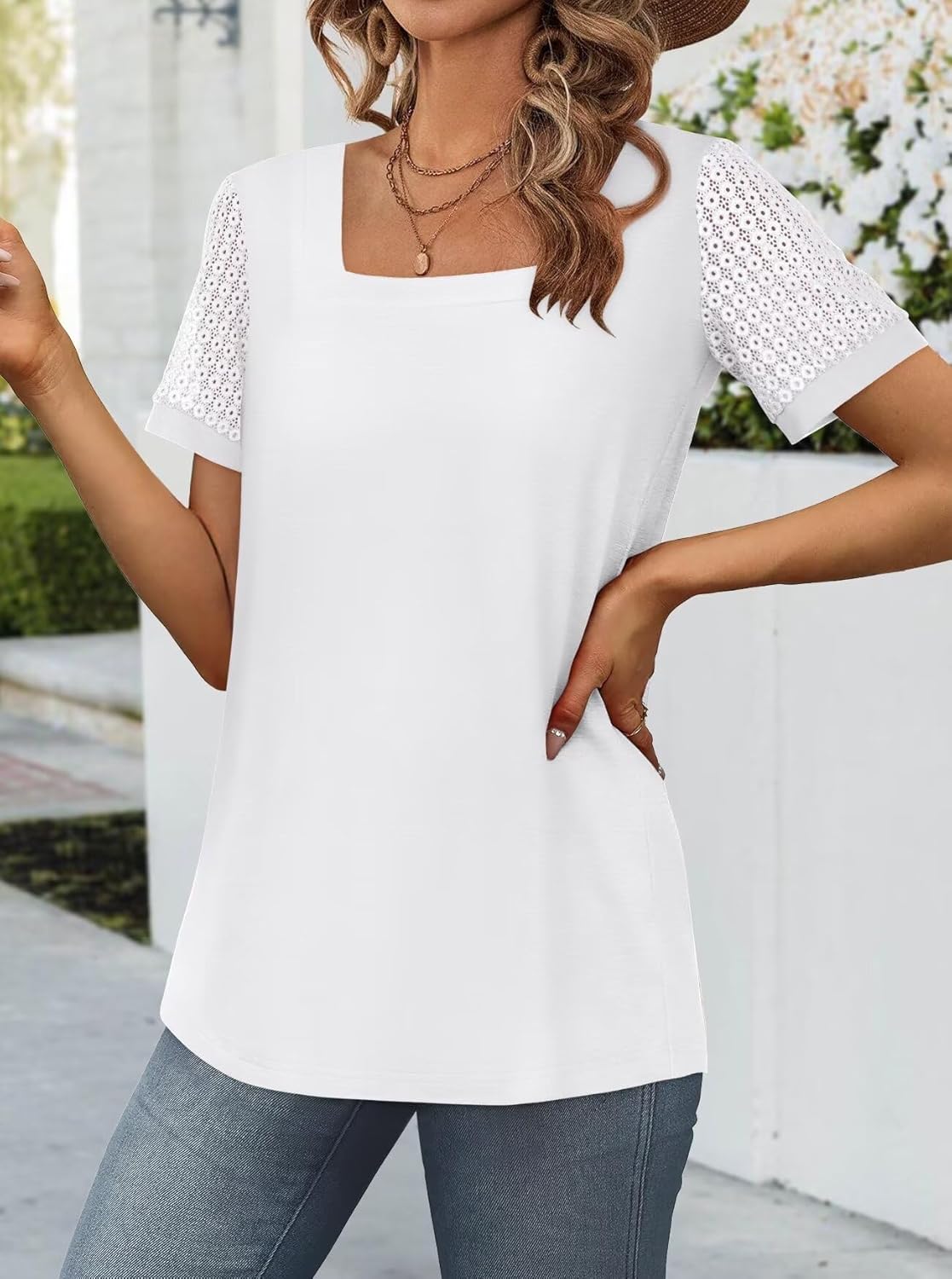 Bliwov Womens Trendy Square Neck Cute Lace Sleeves Tops Summer Date Outfits Beach Vacation Casual Going Out Blouses - Image 3