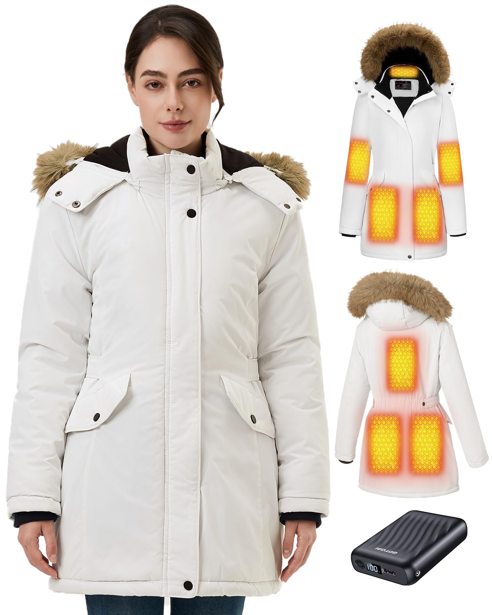 Giacca Riscaldata Donna Con Batteria 12v 18400mah,8 zone di riscaldamento con 3 livelli di temperatura,Parka caldo e impermeabile con cappuccio in pelliccia sintetica rimovibile