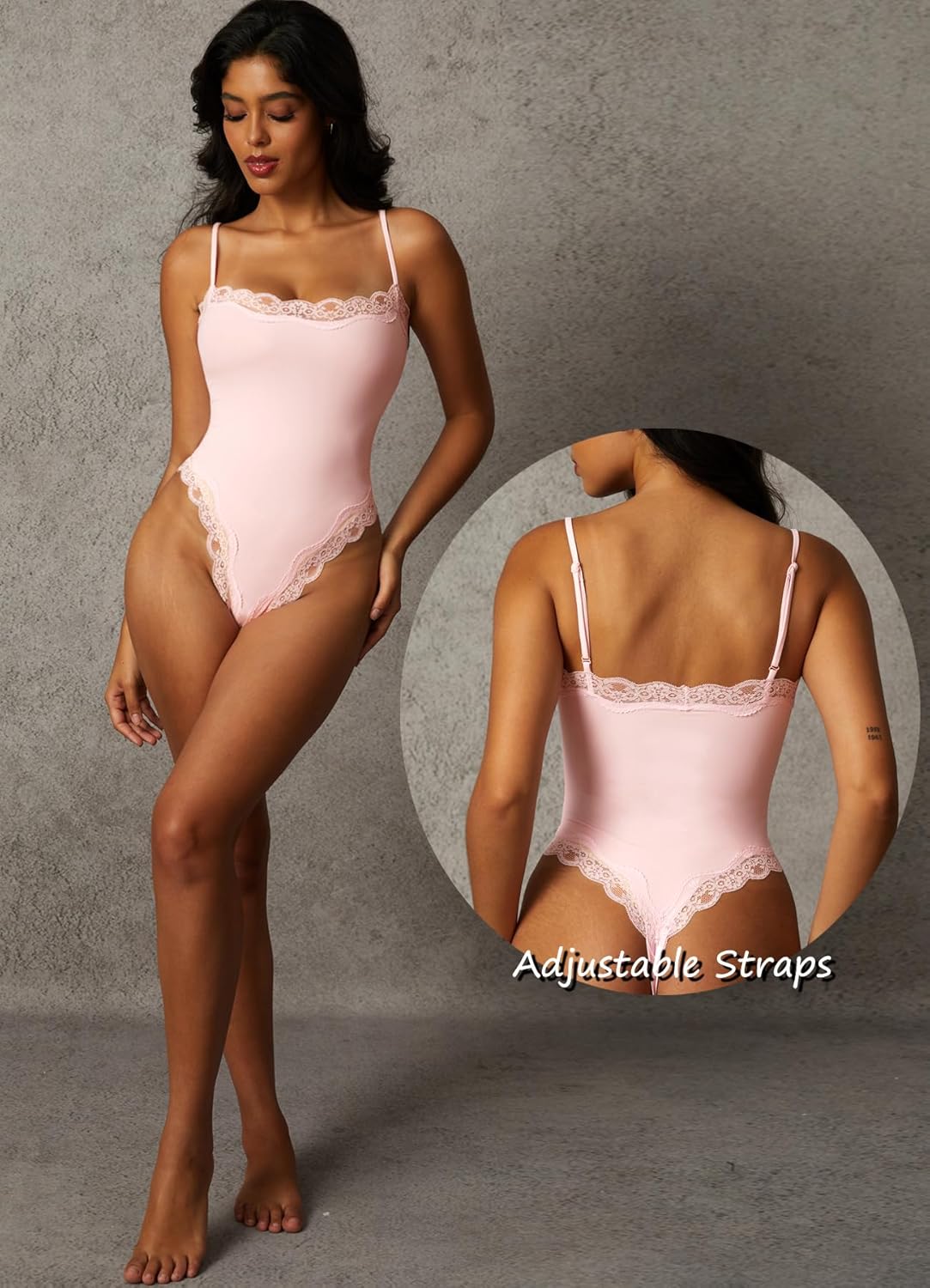 Navneet Women Sexy Lace Bodysuit Lace Trim High Cut Thong Spaghetti Strap Cami Bodysuit Going Out Tank Tops Body Suit - Image 4