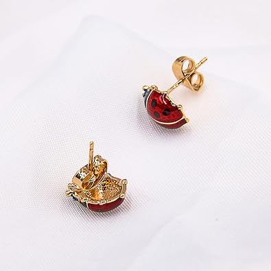 Rose Gold Plated Red Ladybug Black Spots Animal Stud Earrings Fashion Jewelry for Women