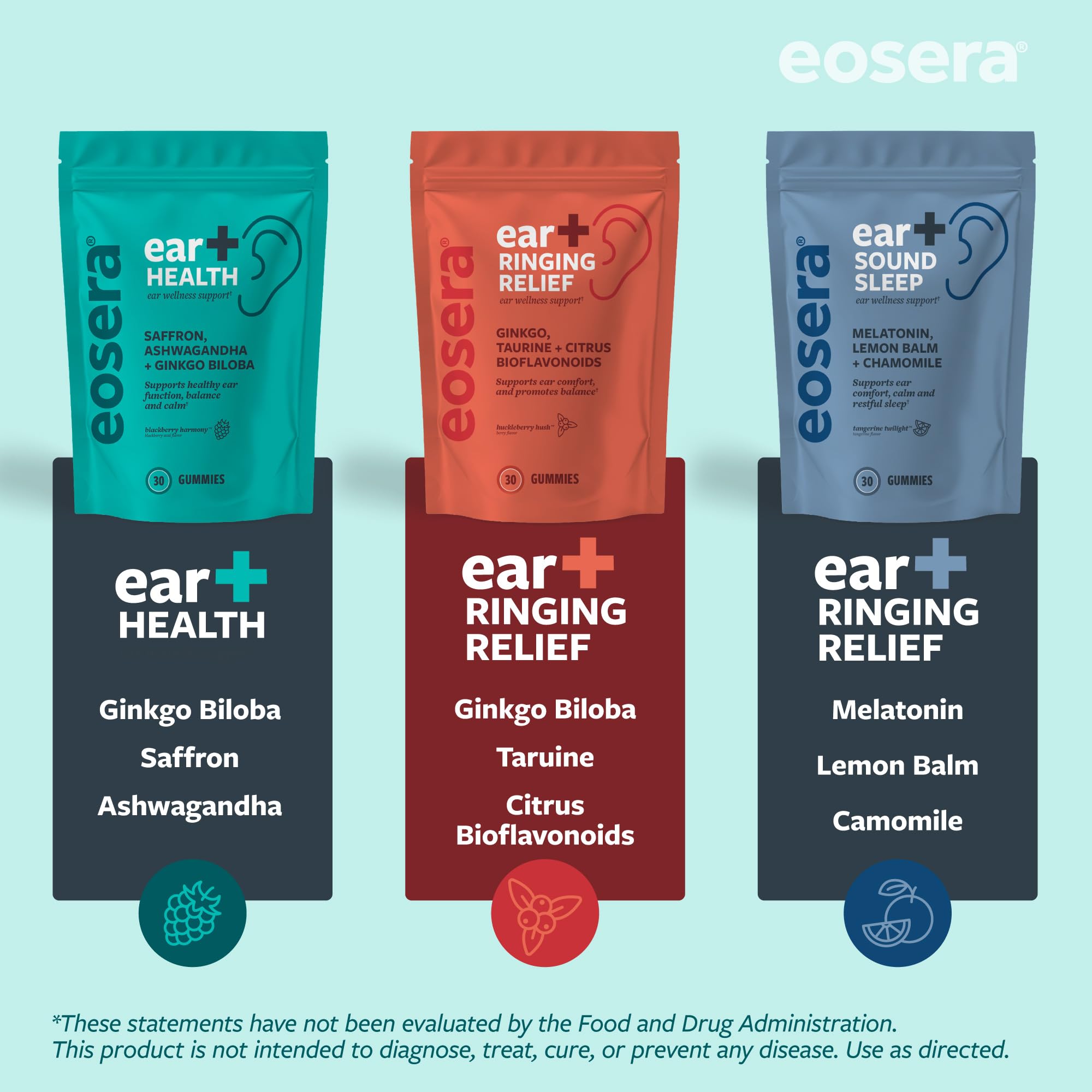 Eosera Ear+ Health Gummies - Ear Health Support Supplement with Saffron, Ginkgo Biloba, Ashwagandha, Vitamin B12 & Acetyl-L-Carnitine | BlackBerry Acai Flavor | Non-GMO | 30 Count — Amazon image 8