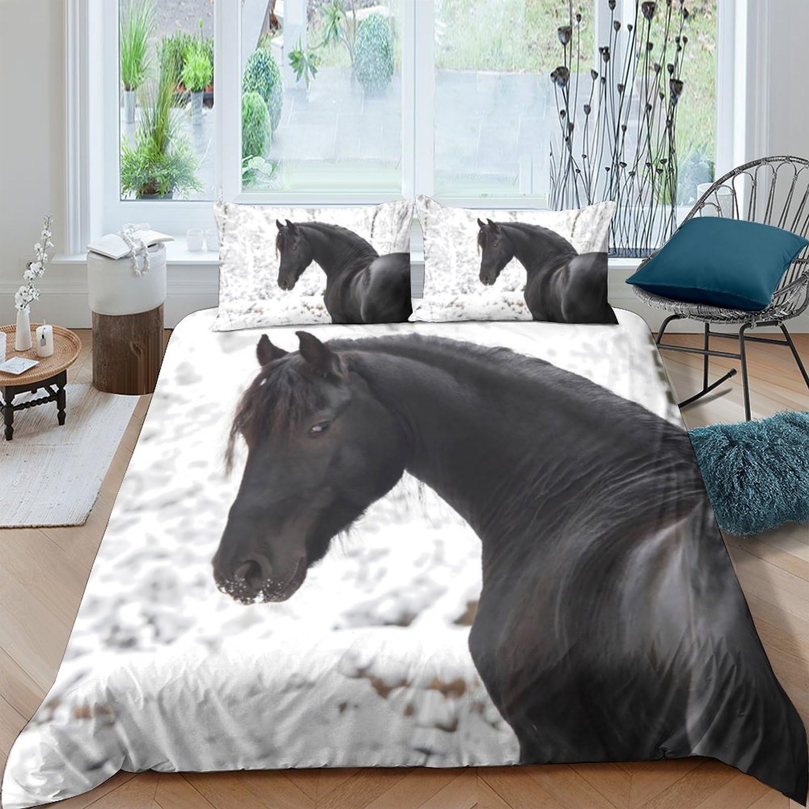 Ctjqhvkz Style-10 3D Printed Black Horse Fitted Sheet Microfiber Soft Bedroom Decor Wild Stallion Bed Cover For Home Dorm Mattress Protection Single（135X200cm）