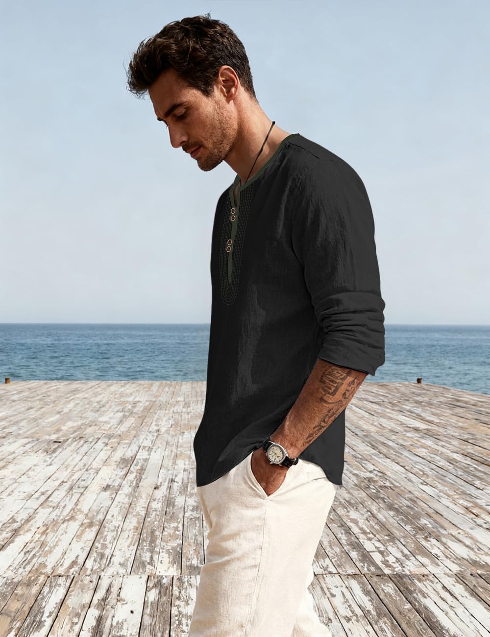 Mens Linen Shirts Henley T-Shirts Long Sleeve Tops Casual Beach T-Shirts Yoga Shirts for Men - Image 4