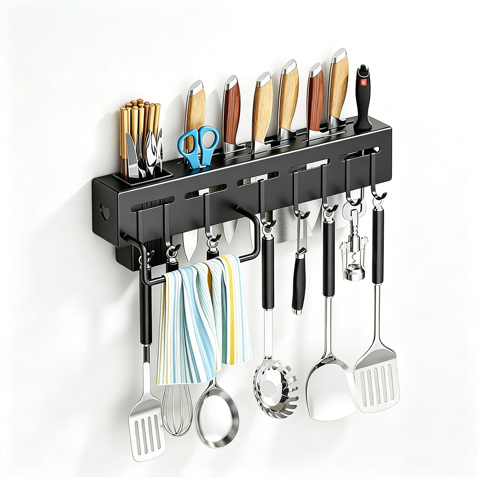 TBATM Kitchen Corner Wall Organizer, Multifunctional Knife Holder Storage Rack for Knives, Chopsticks and Cooking Tools,Black Towel Rack Hook,40cm