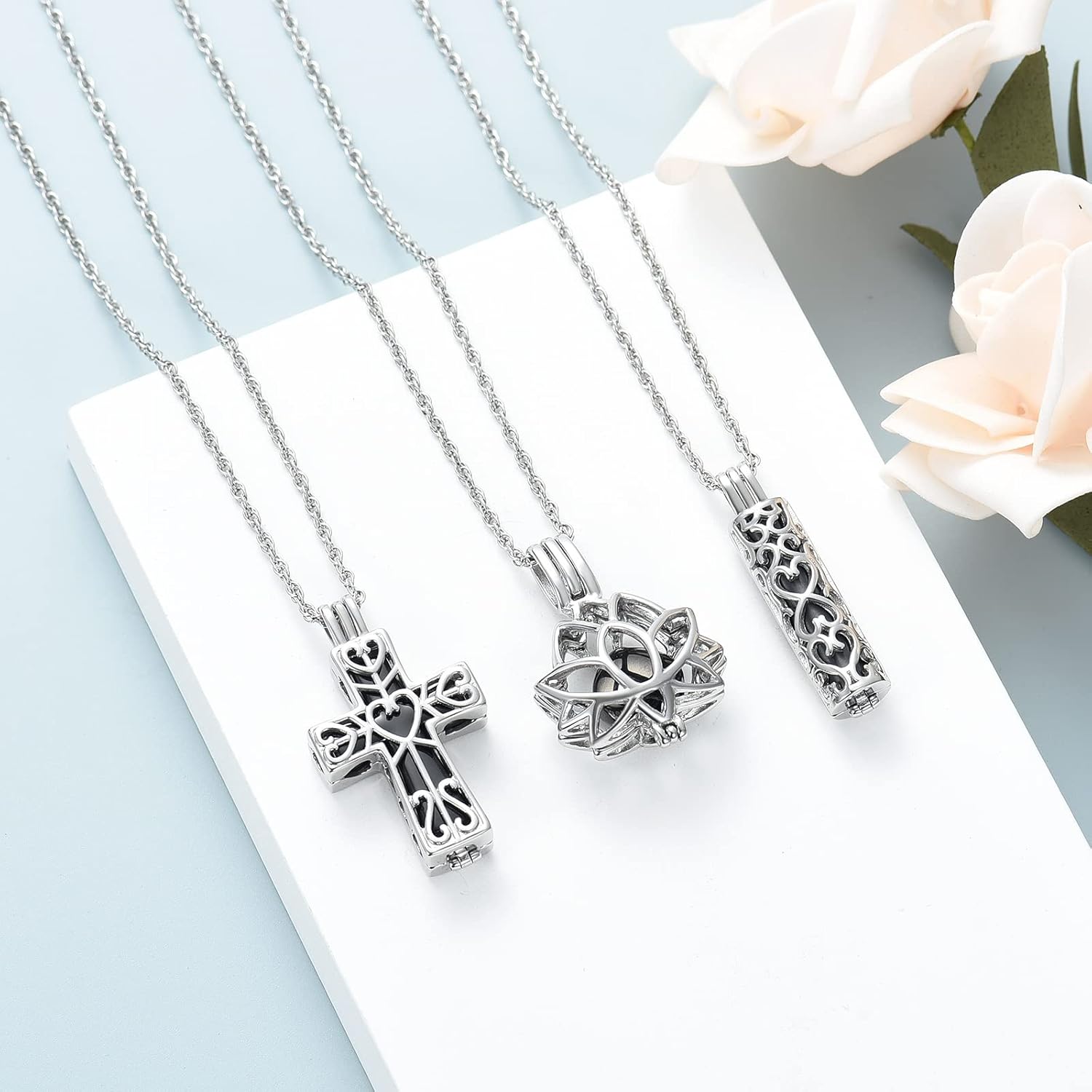 shajwo 3 Pack Cremation Urn Necklace for Ashes for Women Men Heart Lotus Cross Cylinder Cremation Jewelry for Ashes Loved One Memorial Keepsake Pendant - Image 3