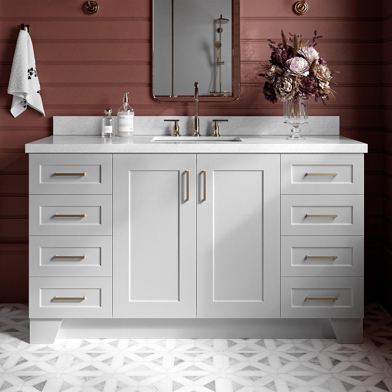 ARIEL Taylor 60-inch Bathroom Vanity with Sink,Solid Wood, 1.5-inch Italian Carrara Marble Countertop & Backsplash, Single Rectangular Porcelain Sink, 2 Soft Closing Doors, 9 Dovetail Drawers, Grey