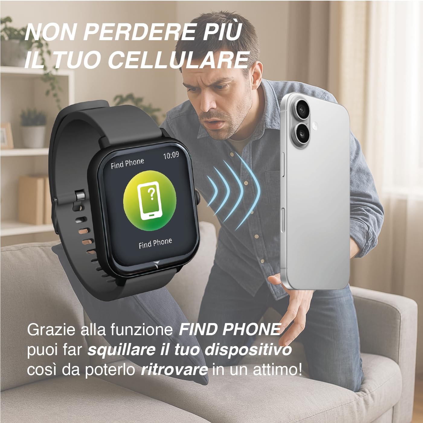 TECHMADE Smartwatch Glow, orologio digitale con pochetta incluso, schermo rettangolare full touch, chiamate, notifiche, funzione SOS, sport, compatibile con IOS e android (NERO)