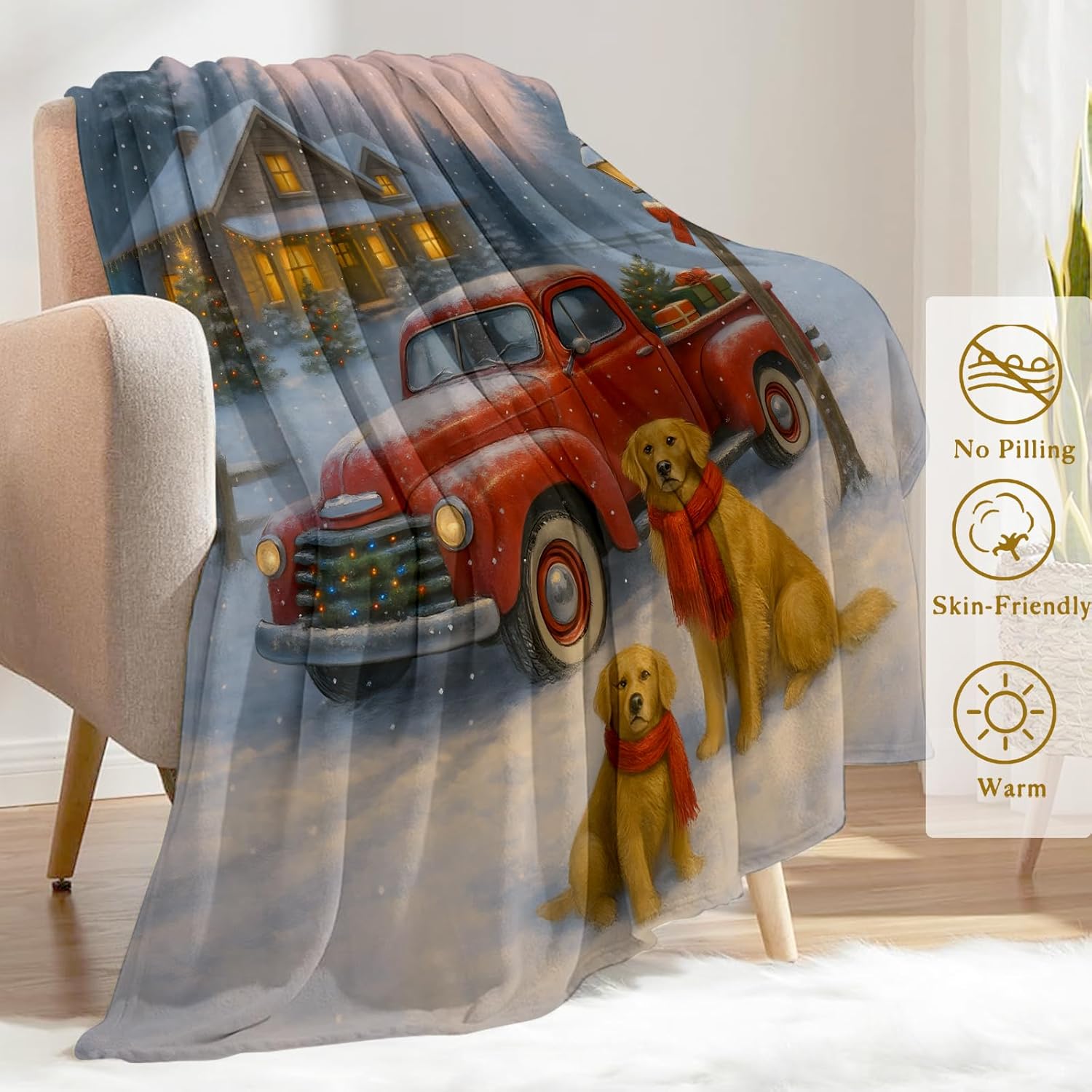 Dog Christmas Decorative Blanket, Golden Retriever and Red Truck Print Throw Decoration, Soft Flannel Winter Blankets for Couch Bed Sofa, Holiday Home Decor, Xmas Festival Gifts 50x60 Inch - Image 3