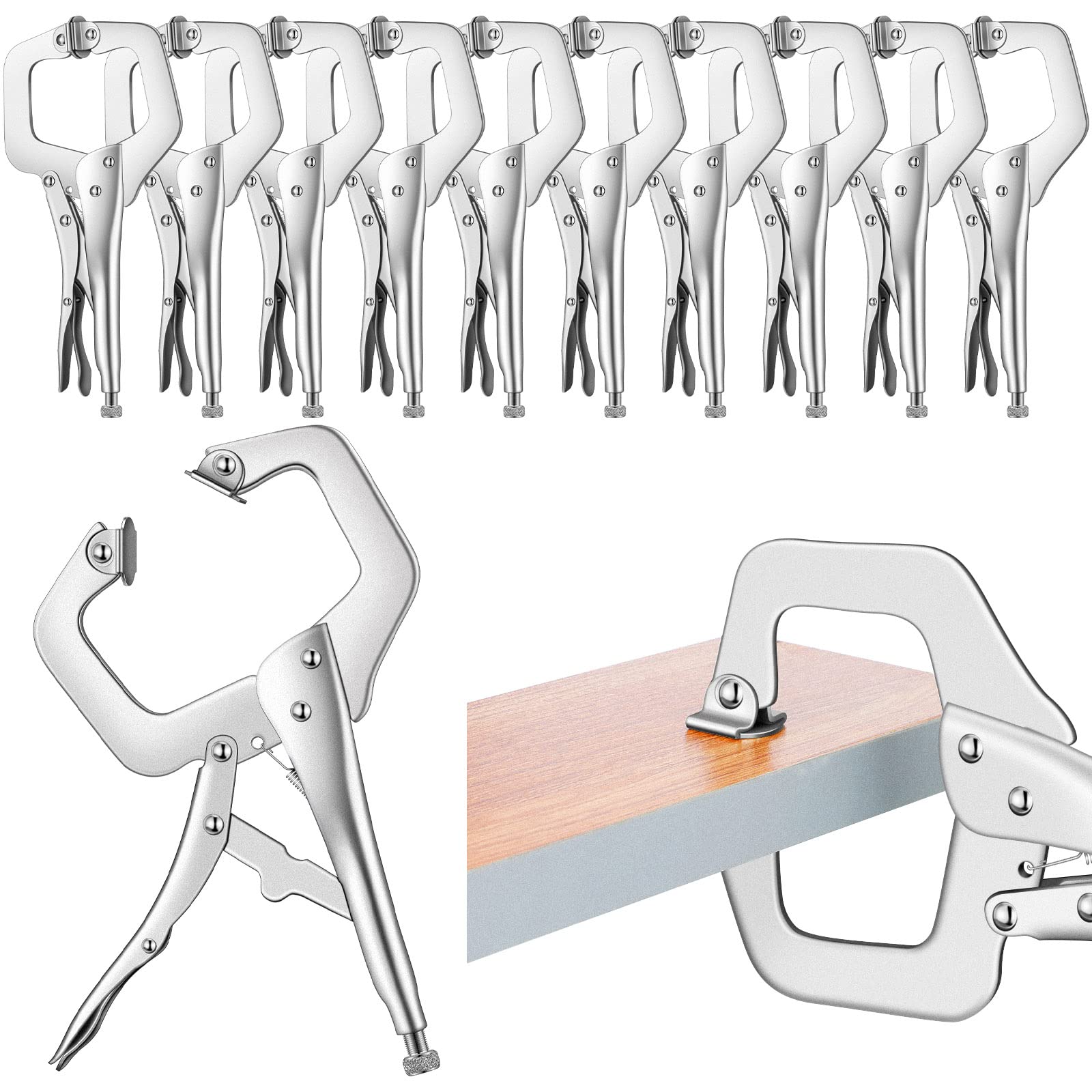 Yexiya 10 Pcs Locking C Clamp, Locking Pliers Adjustable Welding Clamp with Regular Tip and Swivel Pad for Shop Home Farm and Auto Workshop Woodworking, Cabinetry, Repair (11 Inch)