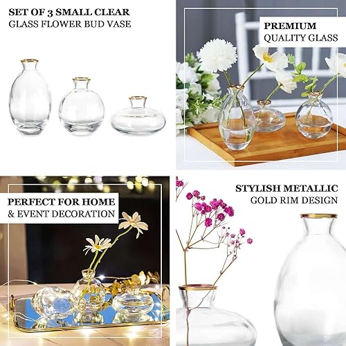 Miniatura 4 de Efavormart - Juego de 3 centros de mesa pequeños de cristal dorado con borde dorado metálico, jarrones de flores modernos, varios tamaños