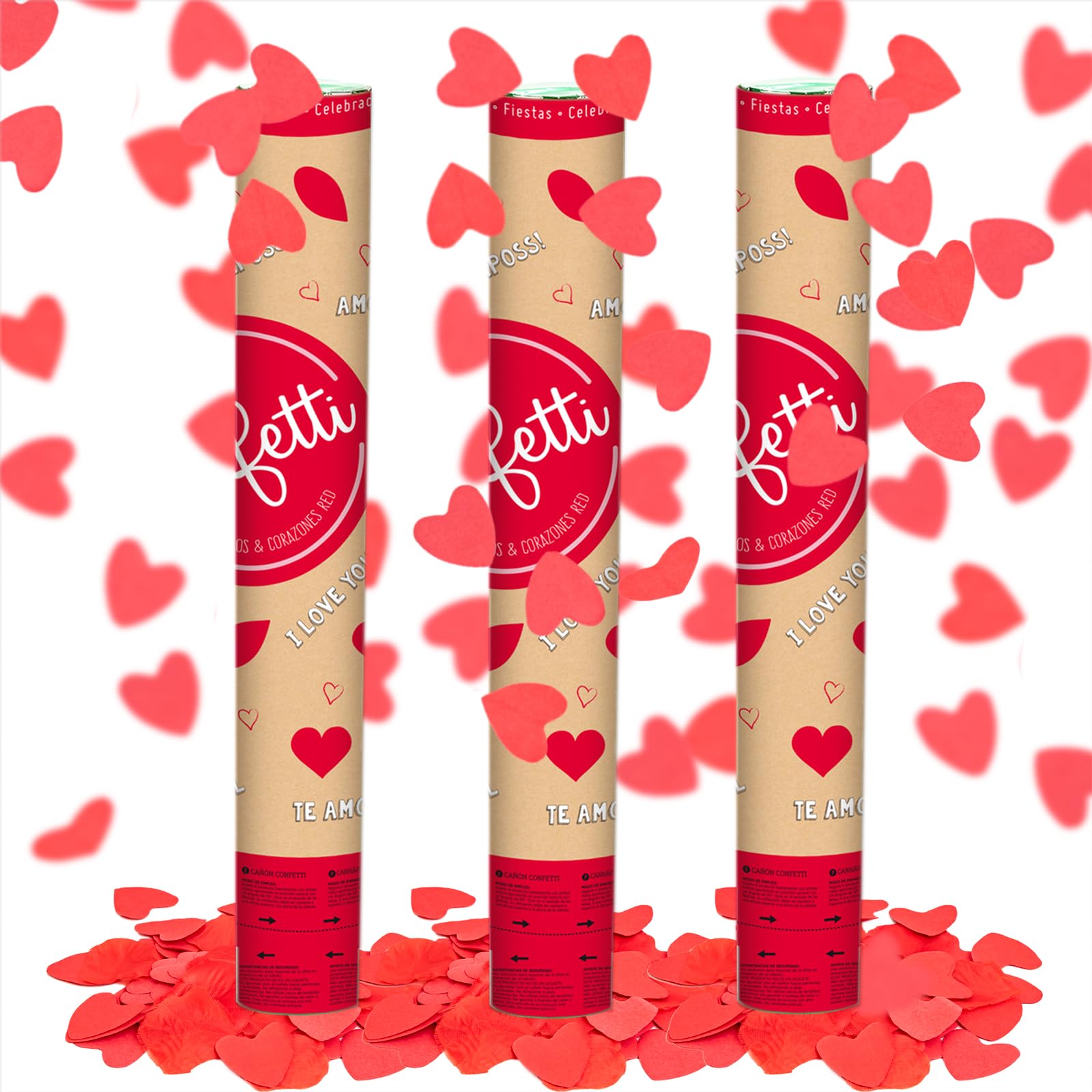 3 Unidades - Cañón Confeti Corazones y Pétalos color Rojo de 40 cm - Confeti Rojo San Valentín y Bodas - Decoración eventos, fiestas, celebraciones, bodas. Cañón Fiesta 40 cm.