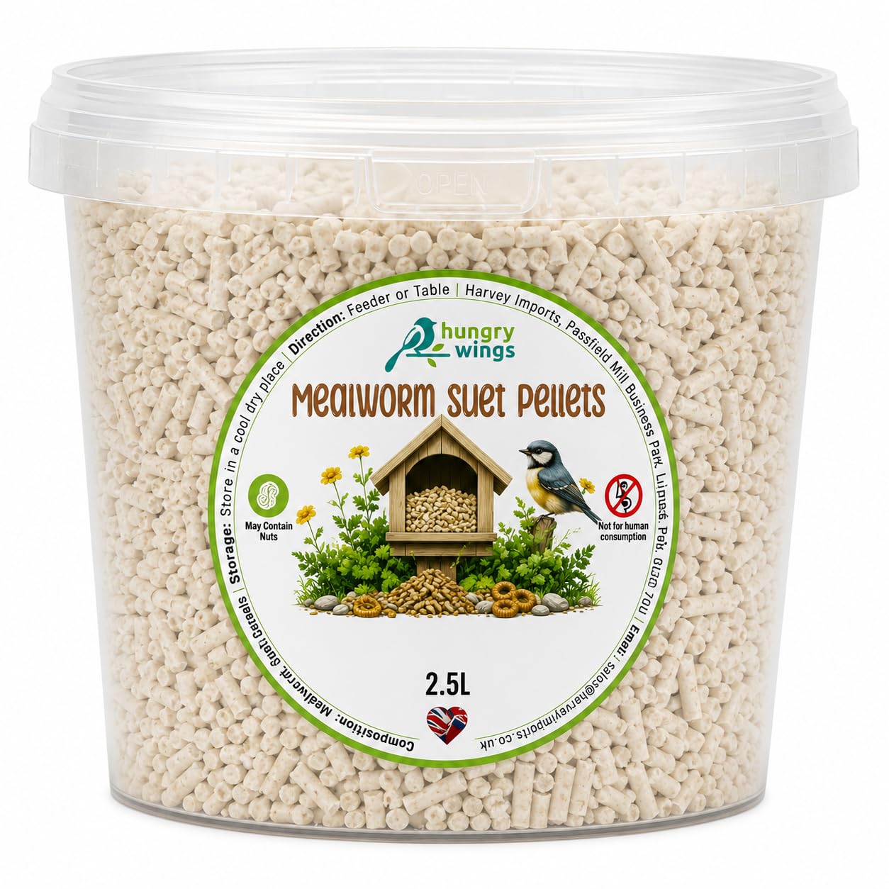 Hungry Wings Premium Suet Pellets Wild Bird Food – 2.5L Tub – High Energy Berry, Insect, Mealworm & Mixed Flavours (2.5L Tub, Mealworm)