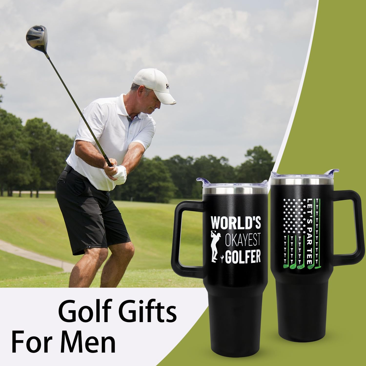 Golf Gifts for Men or Women, 40oz with Handle Coffee Cup Gifts for Men Unique Stainless Steel Travel Tumbler World's Okayest Golfer Golf Lover, Man, Dad, Husband, Grandpa, Him, Brother image 3