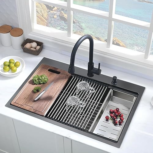 Miniatura 3 de Hovheir - Fregadero de cocina negro de 25 pulgadas con caída en la parte superior, fregadero de cocina de 25 x 20 pulgadas, fregadero de cocina de