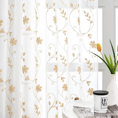 HOMEIDEAS Cortinas traslúcidas amarillas de 84 pulgadas de largo, 2 paneles de cortinas bordadas con patrón floral amarillo y blanco, cortinas