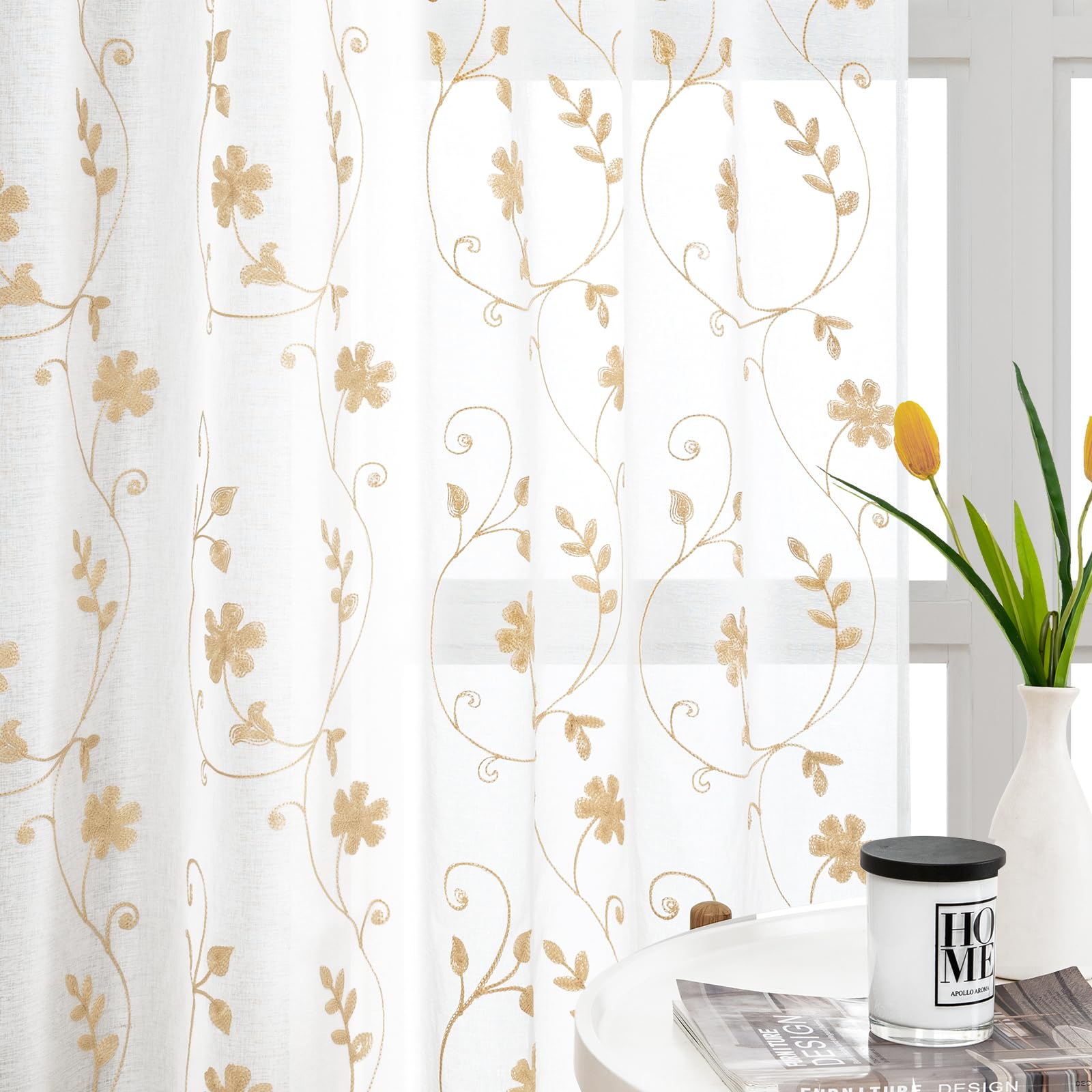 Yellow Embroidered Sheer Curtains 2 Panels, 84 Inch Length - Modern Geometric Pattern For Living Room & Bedroom - View #12