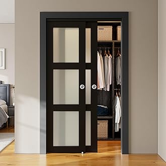 SMARTSTANDARD Bypass Sliding Closet Doors 48x80 in (Double 25in) for Bedroom, 3-Lite Frosted Glass Bypass Door with Hardware Kit Included, Preassembled Door Panel, Water-Proof PVC Surface, Black