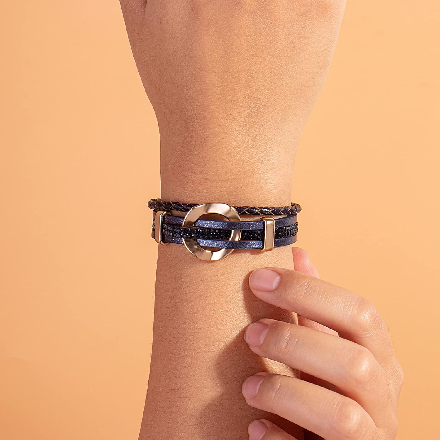 FANCY SHINY Leather Cuff Bracelet Circle Rhinestone Wrap Bracelet Stackable Multi Layer Wristband with Clasp Boho Jewelry Gift for Women - Image 2