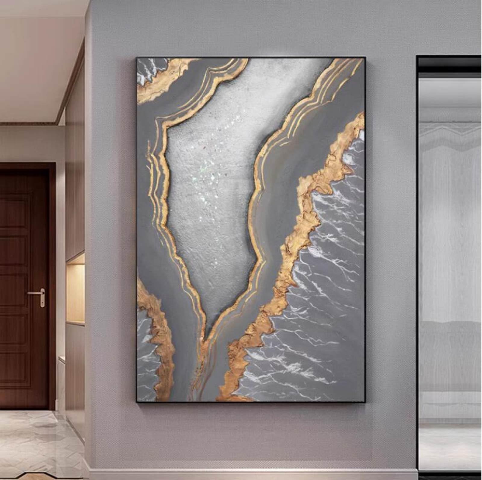 Tableau océan feuille d'or fait main : peinture à l'huile texturée luxe